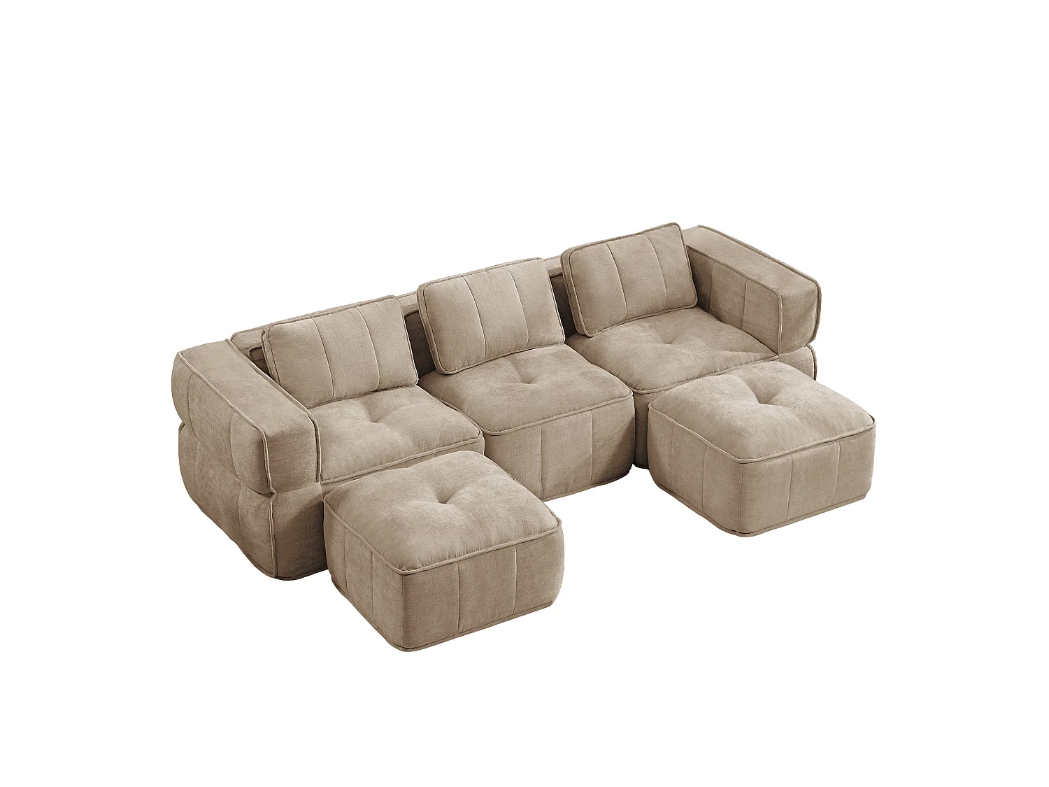 Canapé d'angle modulaire 3 places en polyester taupe avec 2 reposes‑pieds, assise profonde
