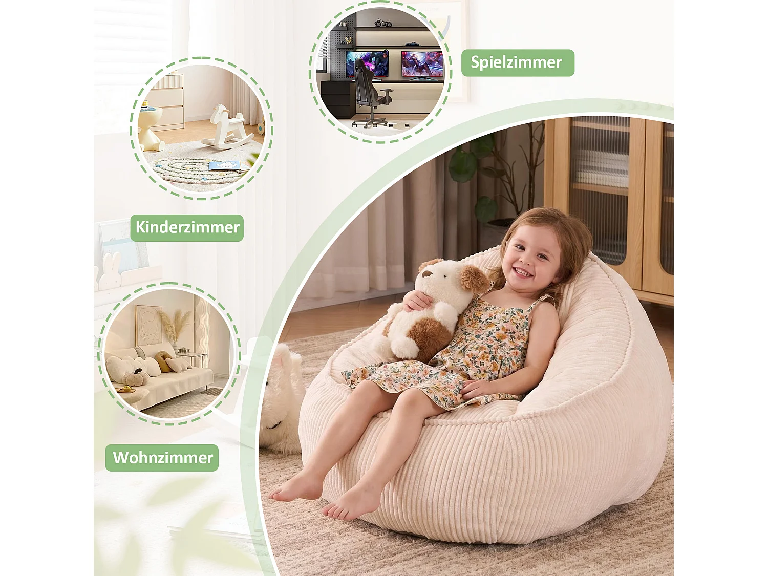 Sillón puf infantil beige 72x69x51 cm de terciopelo acanalado, ergonómico con soporte para la espalda y la cintura