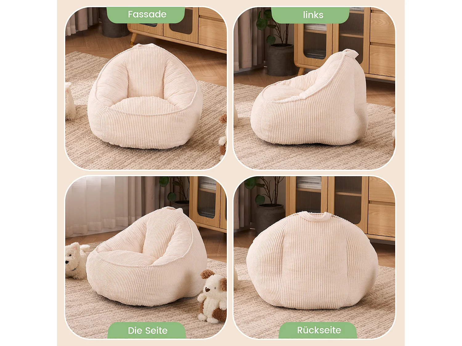 Sillón puf infantil beige 72x69x51 cm de terciopelo acanalado, ergonómico con soporte para la espalda y la cintura