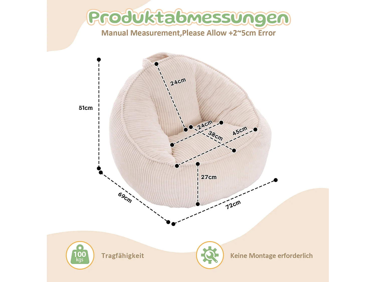 Sillón puf infantil beige 72x69x51 cm de terciopelo acanalado, ergonómico con soporte para la espalda y la cintura