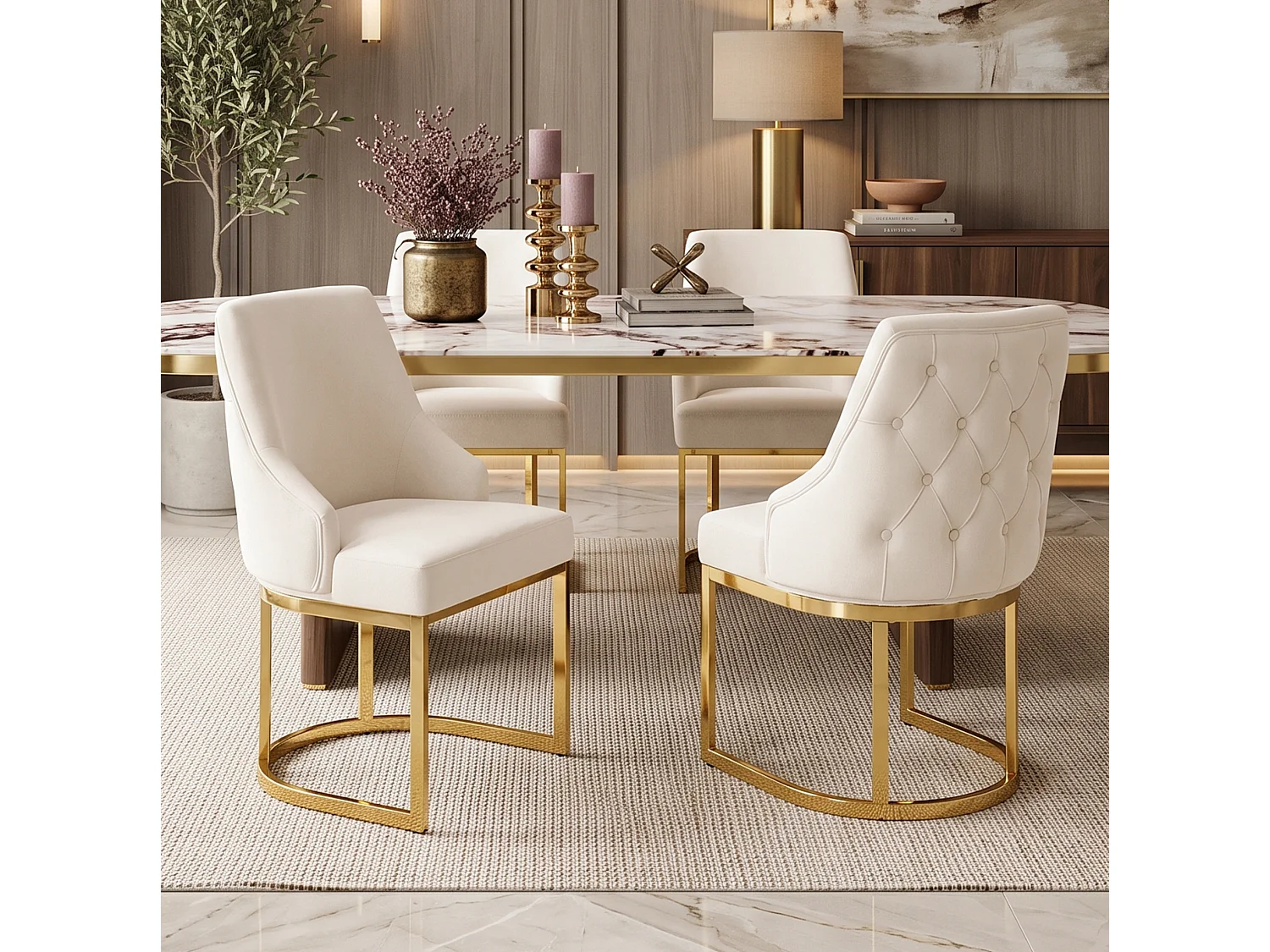 Juego de 2 sillas de comedor en terciopelo beige con estructura metálica dorada, diseño cómodo