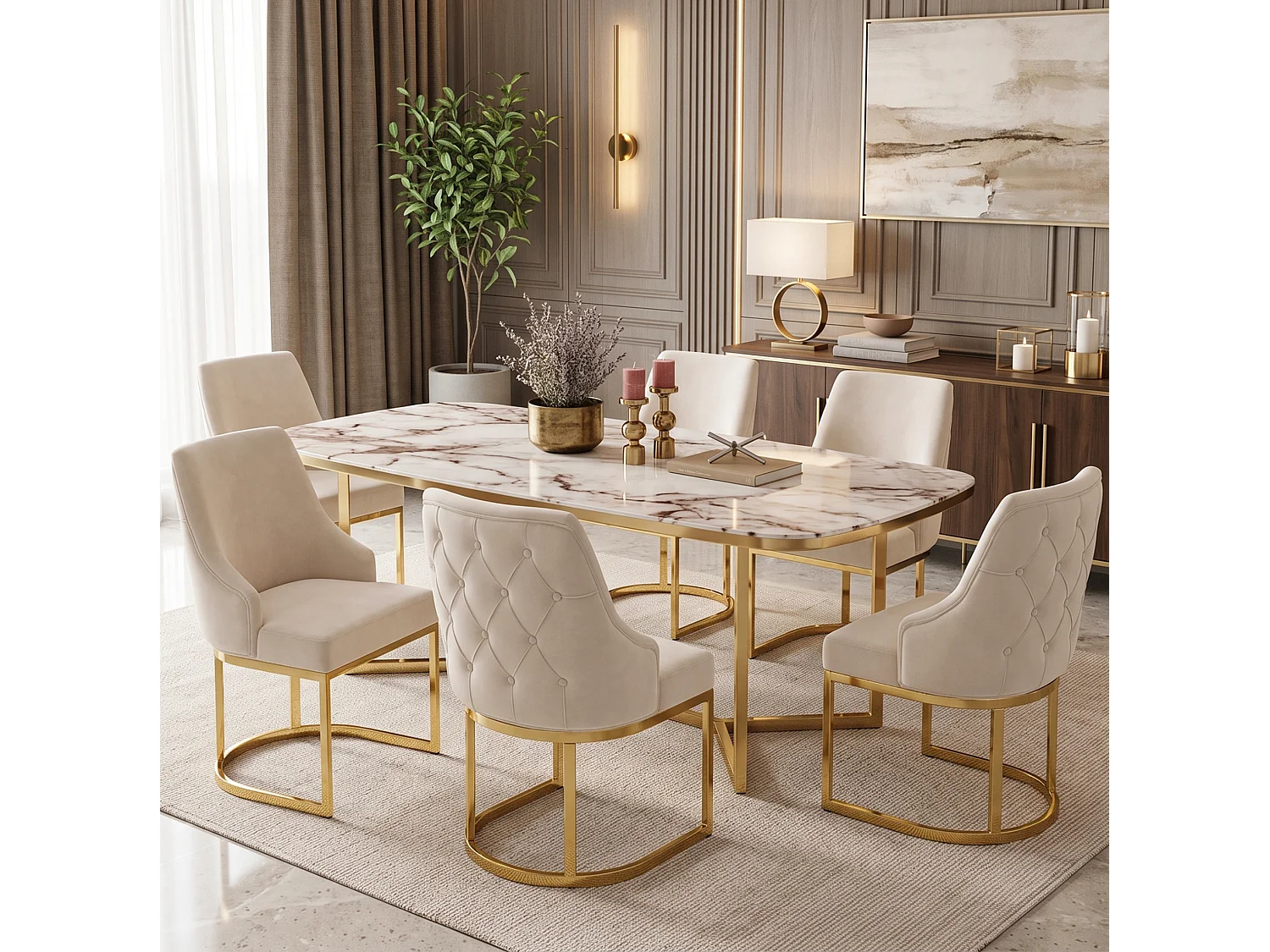 Juego de 2 sillas de comedor en terciopelo beige con estructura metálica dorada, diseño cómodo