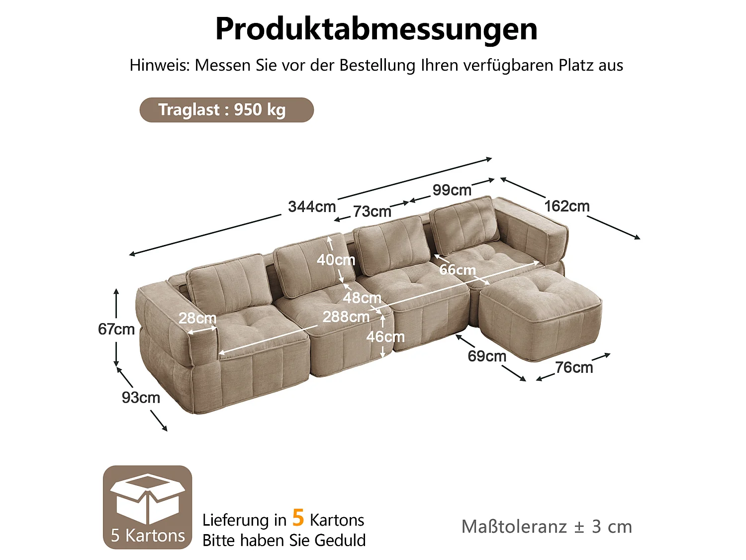 Canapé d'angle modulaire 4 places en polyester taupe avec repose‑pieds, assise profonde