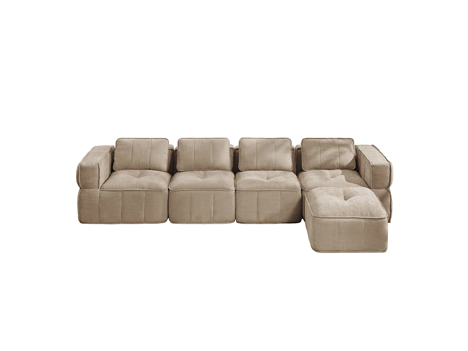 Canapé d'angle modulaire 4 places en polyester taupe avec repose‑pieds, assise profonde