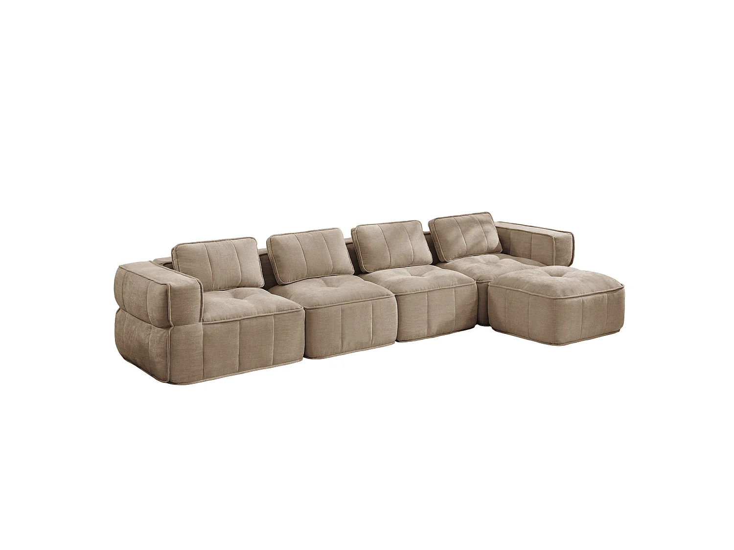 Canapé d'angle modulaire 4 places en polyester taupe avec repose‑pieds, assise profonde