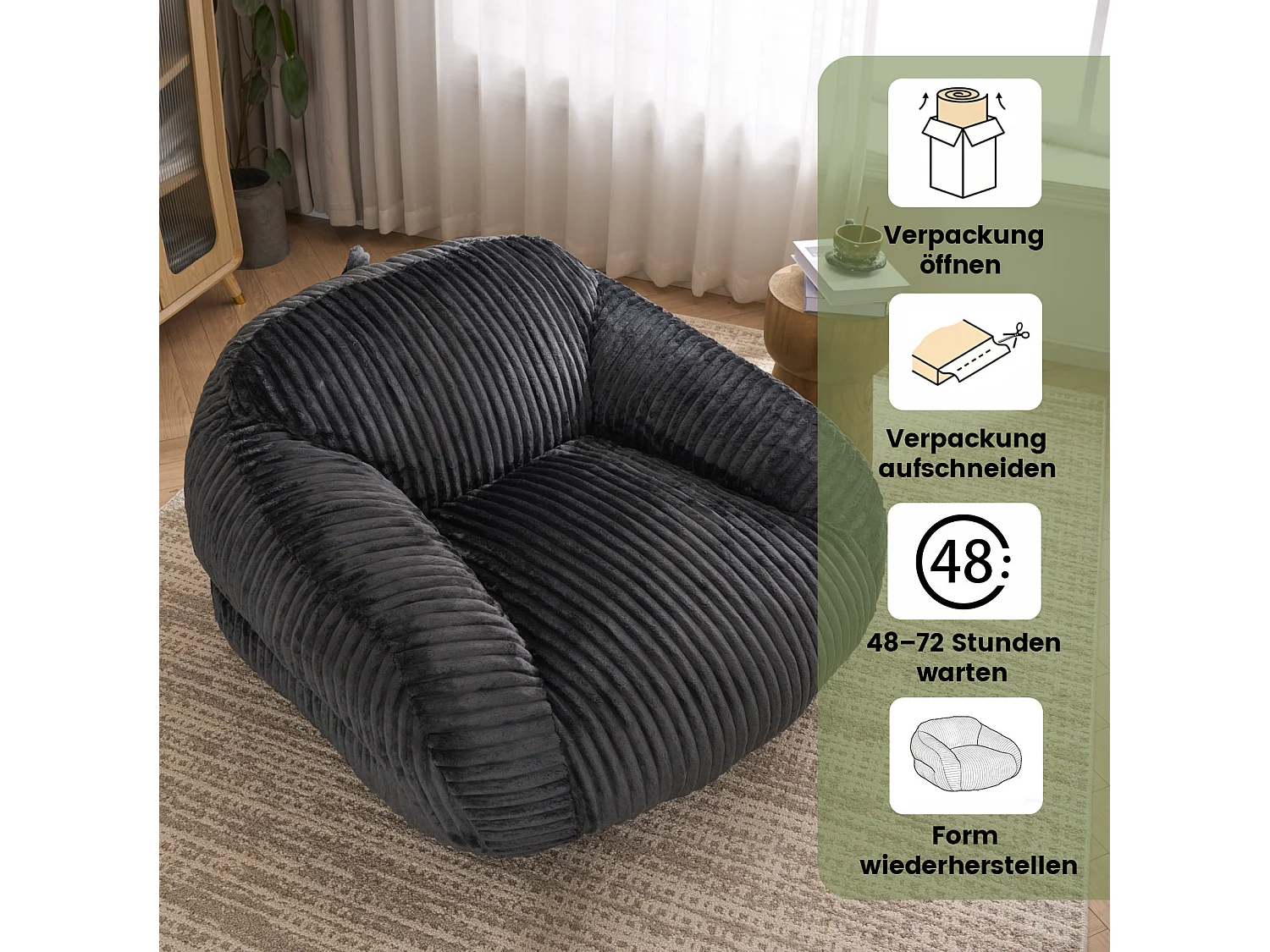 Mörkgrå sittpuff för vuxna 110x116x61 cm i kordflor, stoppad med högdensitetsskum, utan montering