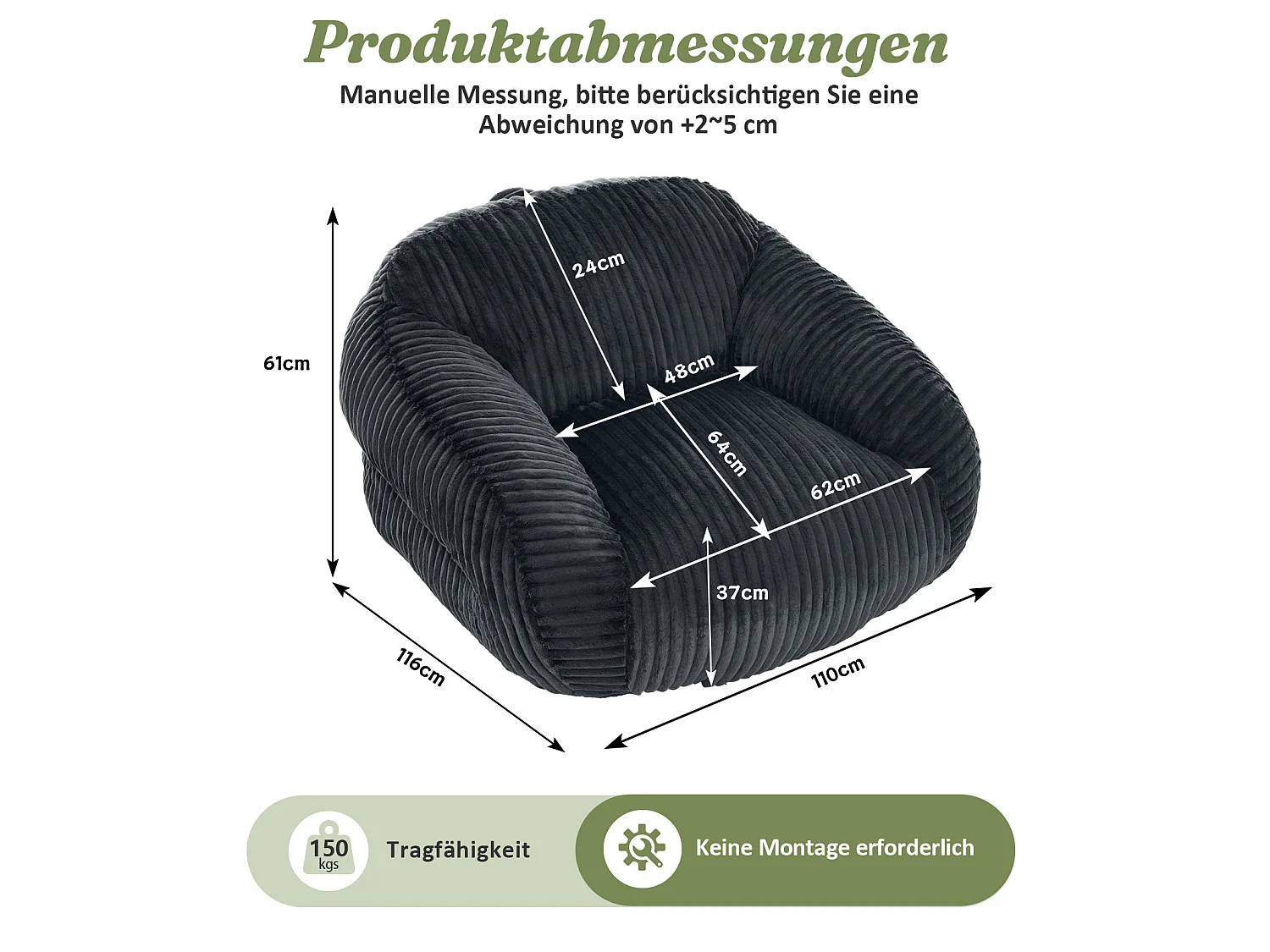 Mörkgrå sittpuff för vuxna 110x116x61 cm i kordflor, stoppad med högdensitetsskum, utan montering