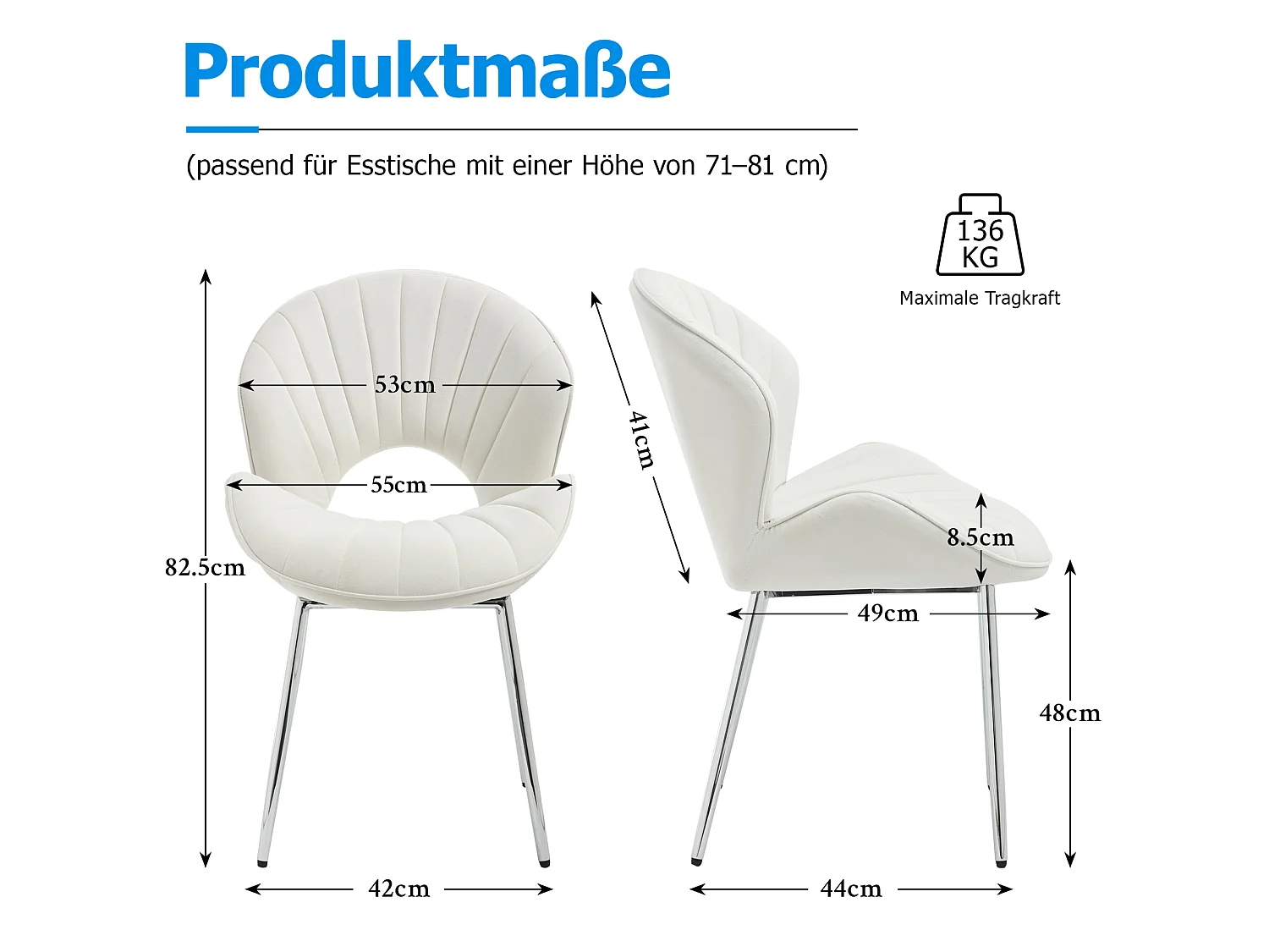 Lot de 2 chaises de salle à manger en velours ivoire, pieds métalliques argentés