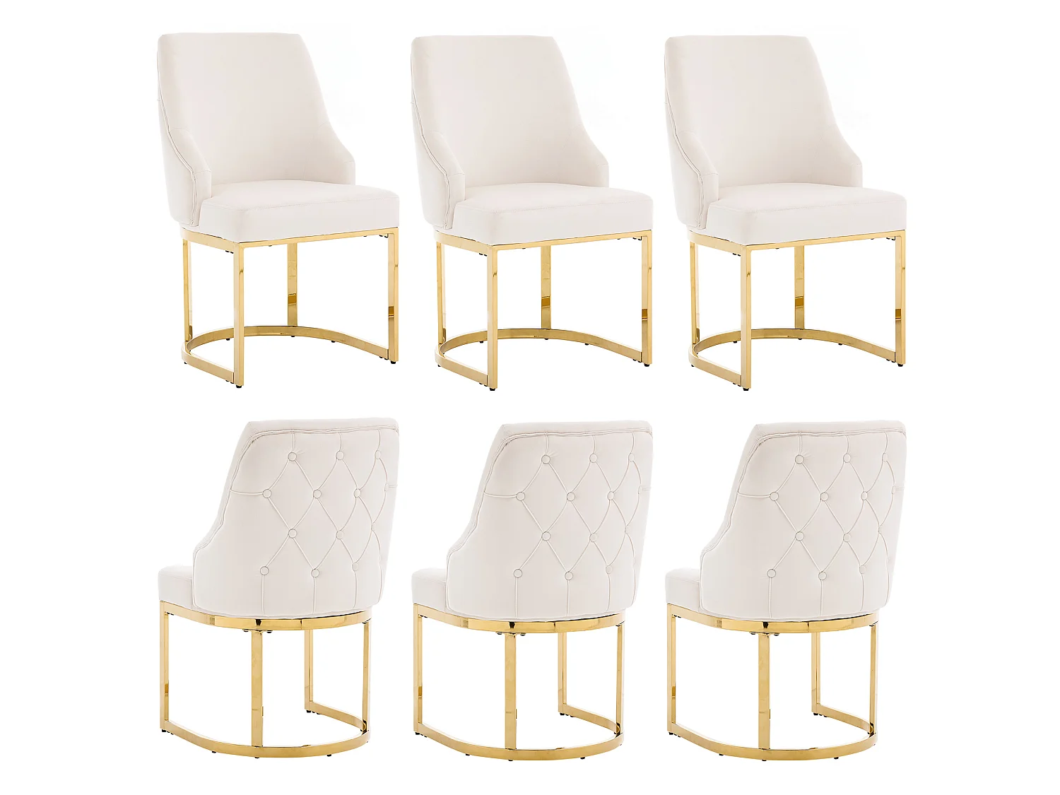 Juego de 6 sillas de comedor en terciopelo beige con estructura metálica dorada, cómodas y elegantes