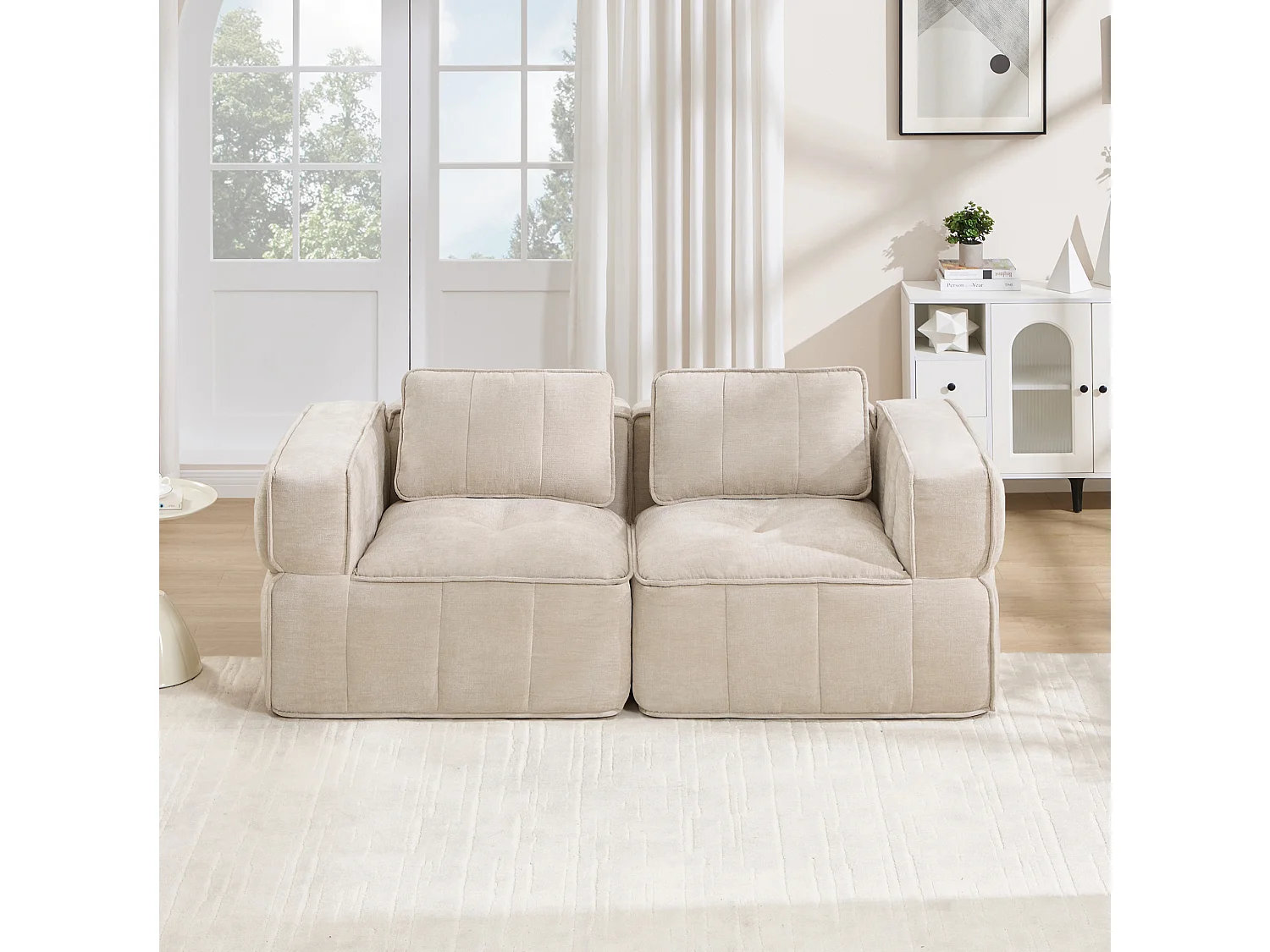 Modulaire 2‑zitsbank van beige polyester, diepe zitting, montagevrij, 198x93x67 cm