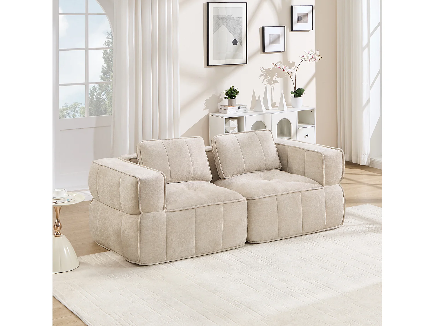 Modulaire 2‑zitsbank van beige polyester, diepe zitting, montagevrij, 198x93x67 cm