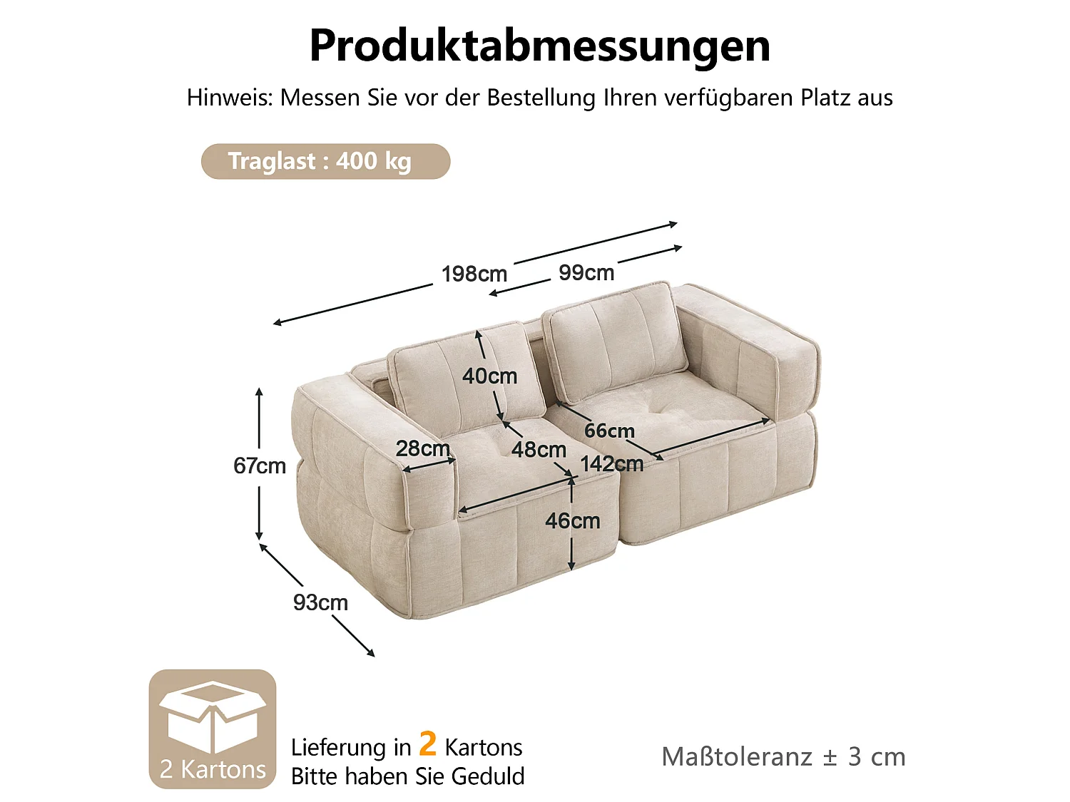 Modulaire 2‑zitsbank van beige polyester, diepe zitting, montagevrij, 198x93x67 cm