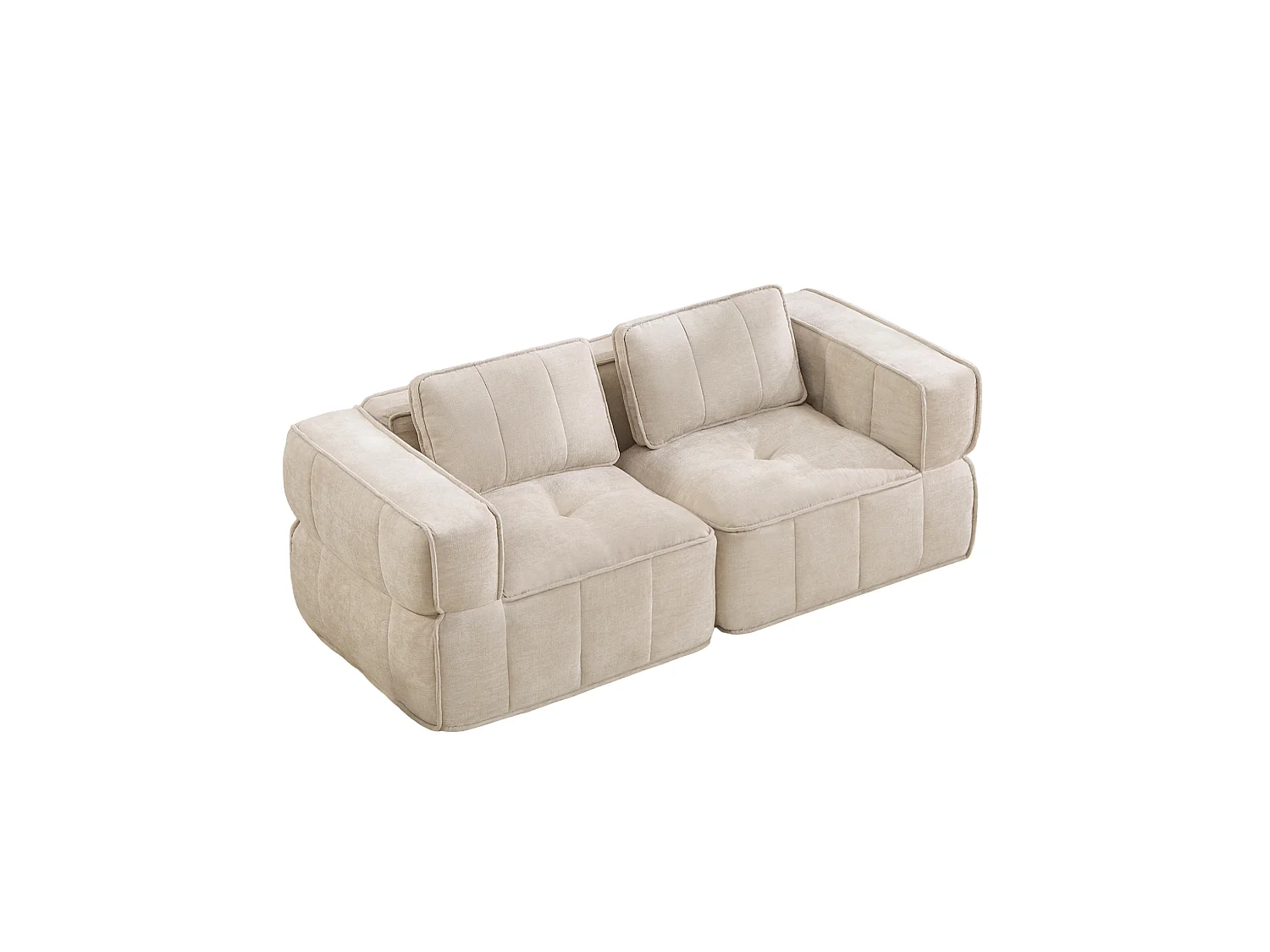 Modulaire 2‑zitsbank van beige polyester, diepe zitting, montagevrij, 198x93x67 cm