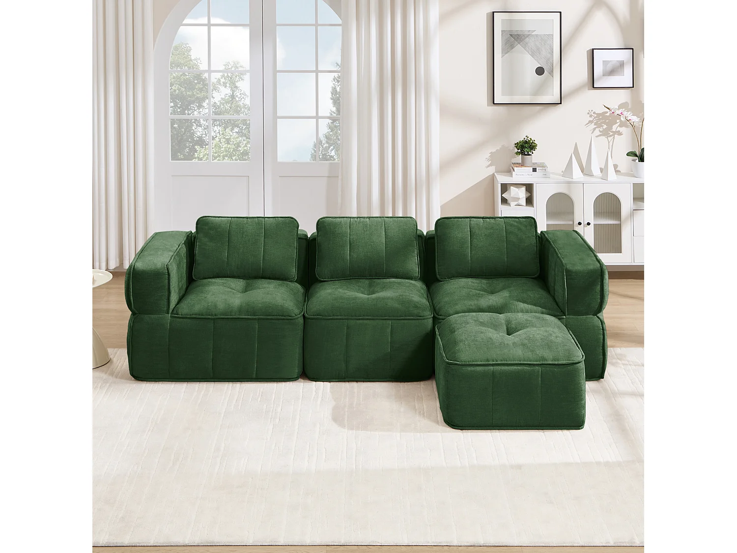 Canapé d'angle modulaire 3 places en polyester vert avec repose‑pieds, assise profonde