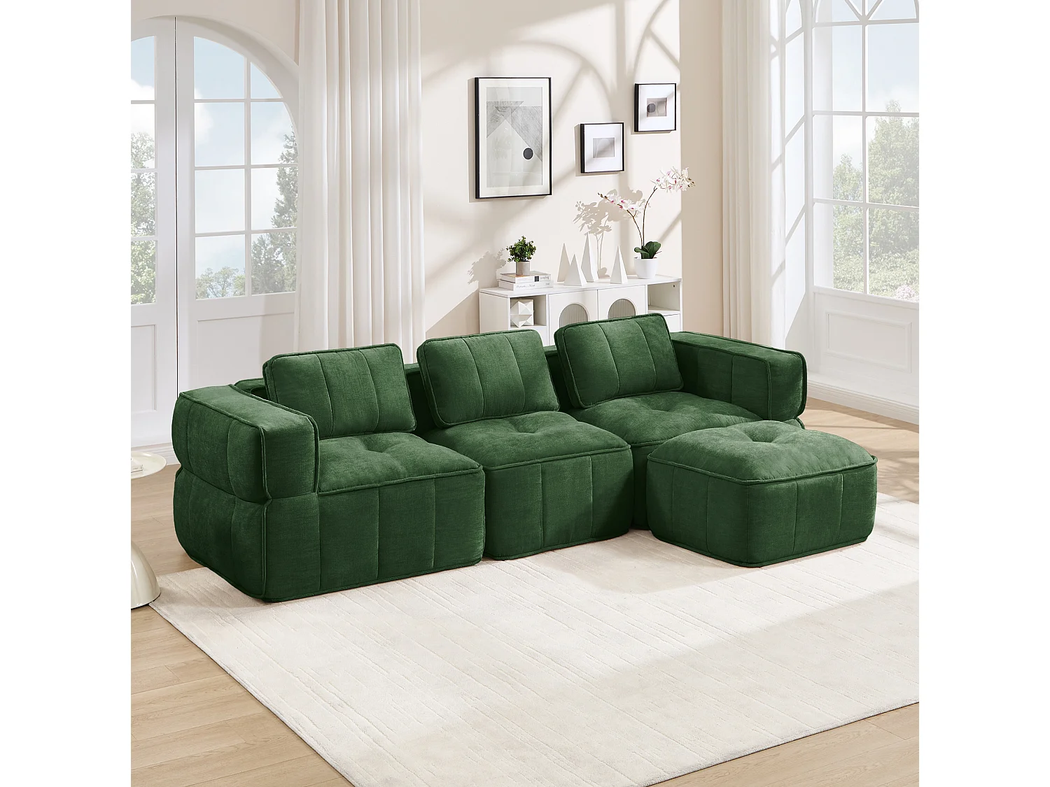 Canapé d'angle modulaire 3 places en polyester vert avec repose‑pieds, assise profonde