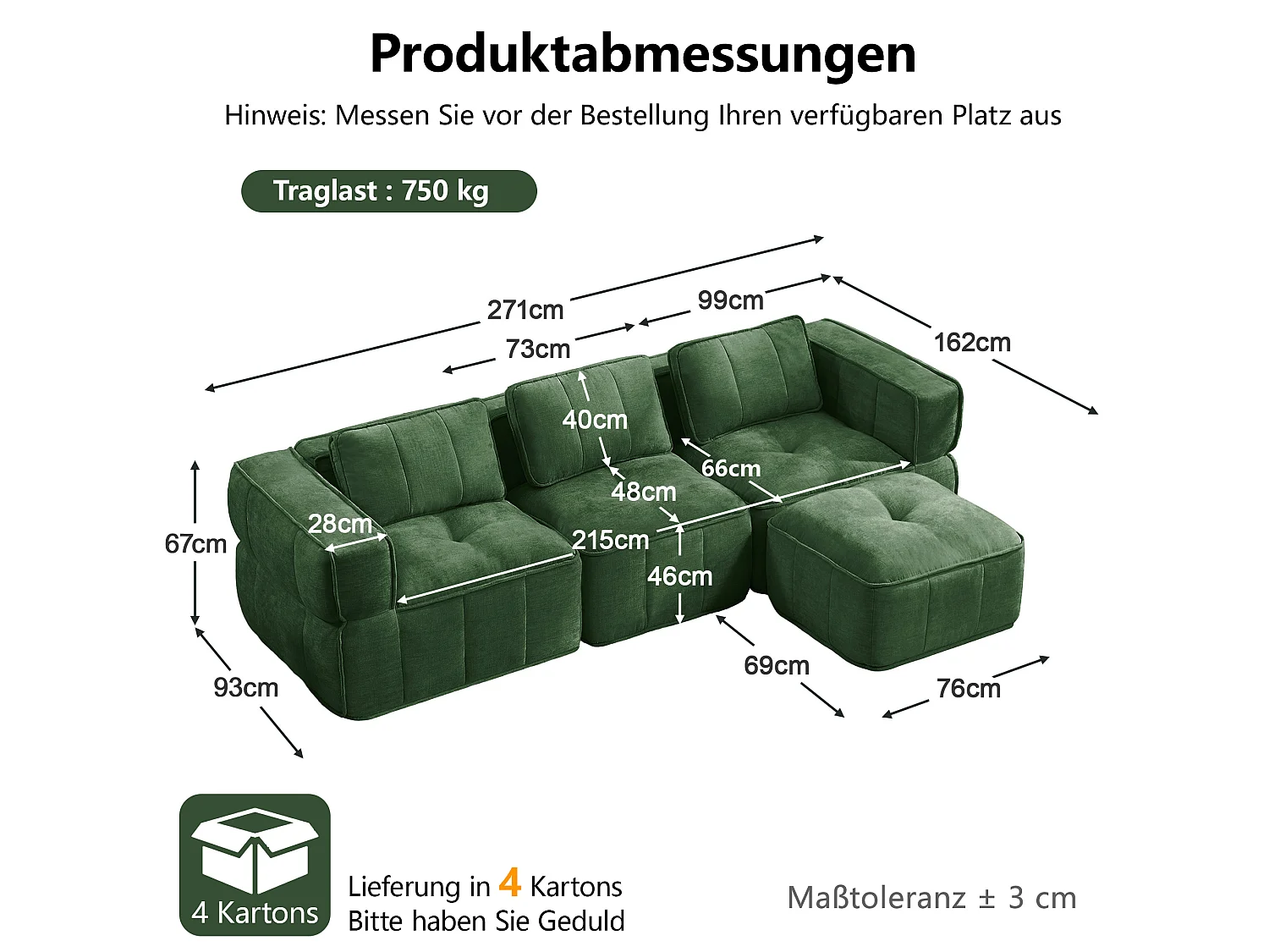 Canapé d'angle modulaire 3 places en polyester vert avec repose‑pieds, assise profonde