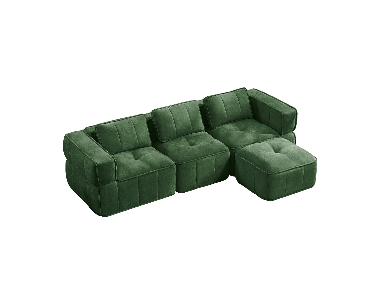 Canapé d'angle modulaire 3 places en polyester vert avec repose‑pieds, assise profonde