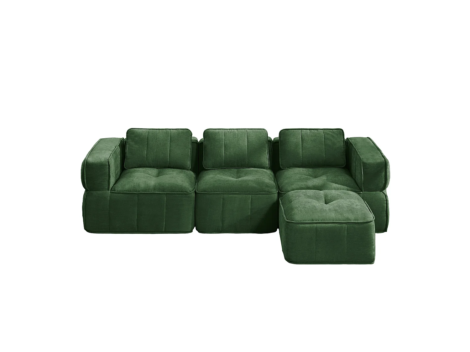Canapé d'angle modulaire 3 places en polyester vert avec repose‑pieds, assise profonde