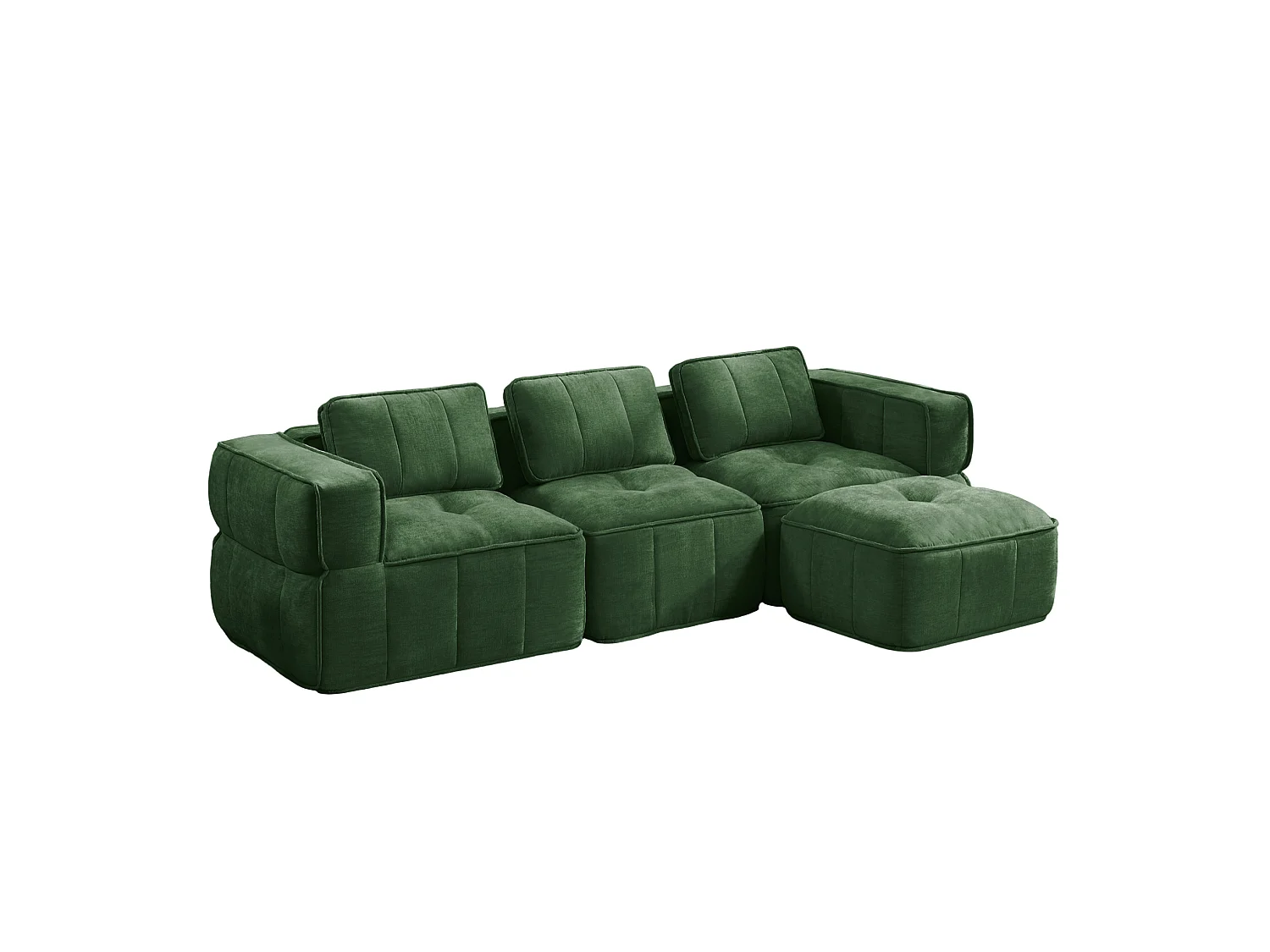 Canapé d'angle modulaire 3 places en polyester vert avec repose‑pieds, assise profonde