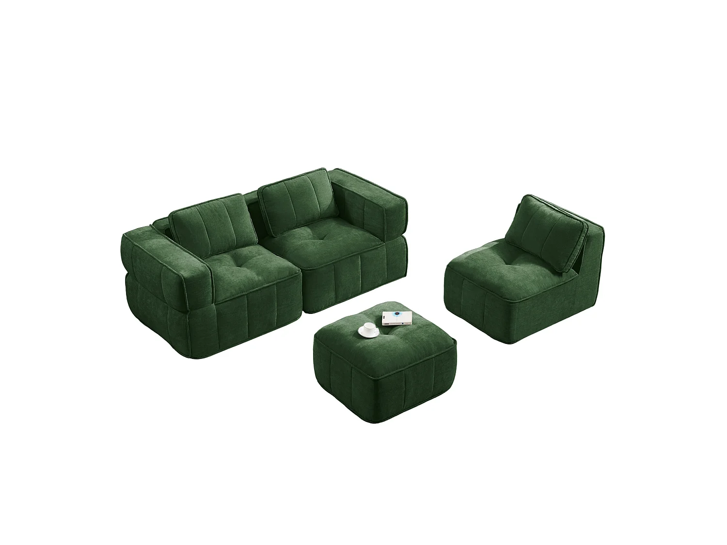 Canapé d'angle modulaire 3 places en polyester vert avec repose‑pieds, assise profonde