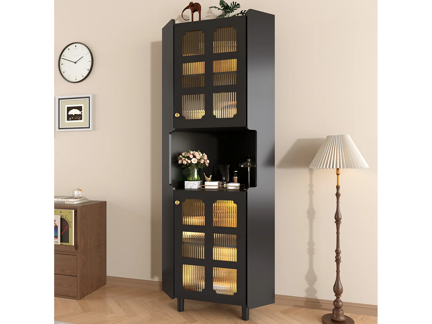 Credenza ad angolo nera con LED regolabile, 2 moduli, ripiano centrale aperto, dispositivi anticaduta, per soggiorno e sala da pranzo