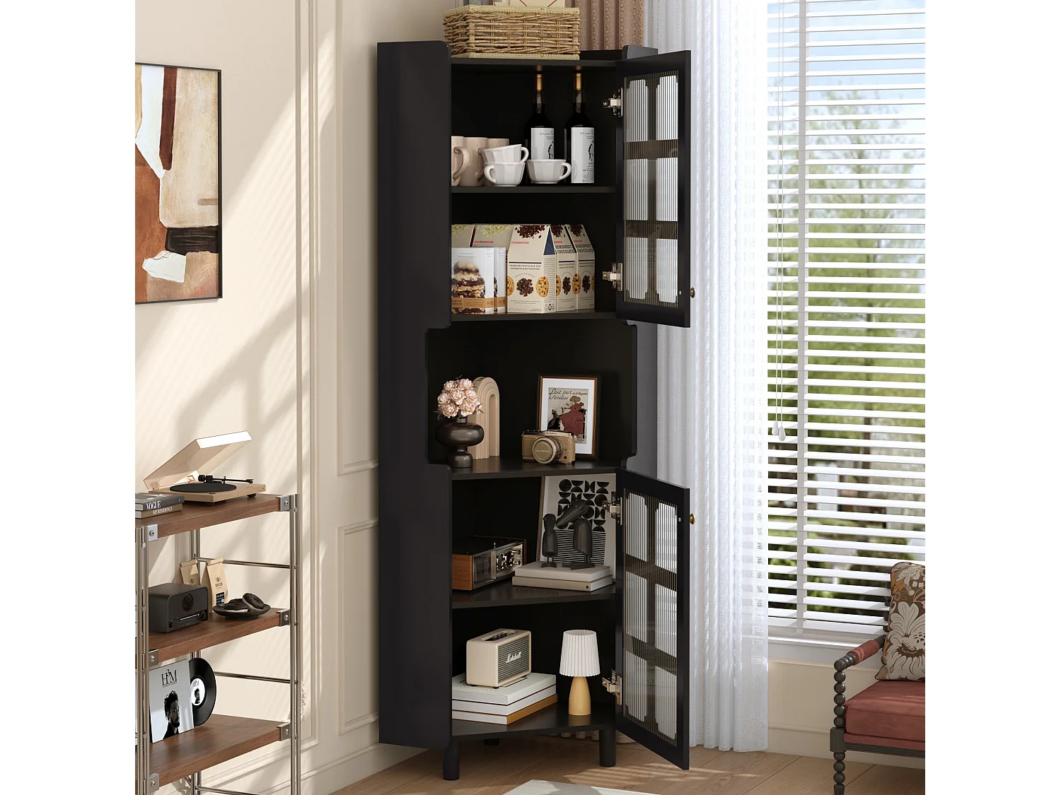 Credenza ad angolo nera con LED regolabile, 2 moduli, ripiano centrale aperto, dispositivi anticaduta, per soggiorno e sala da pranzo