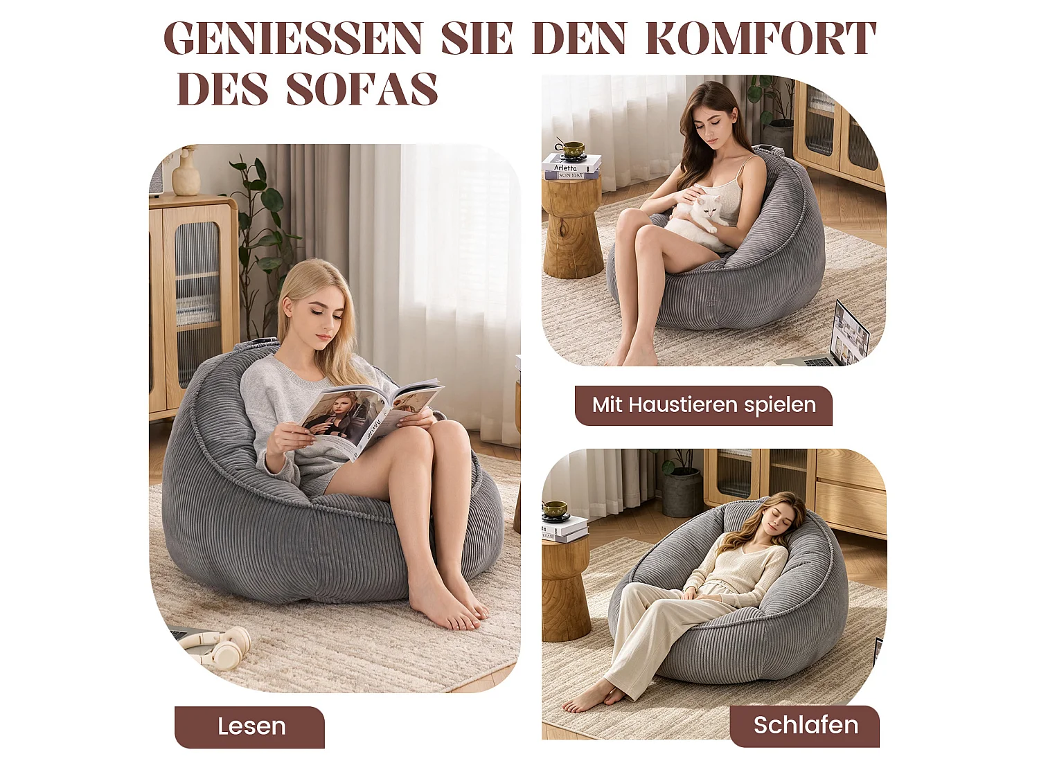 Grå sittpuff 90x90x59 cm i kordflor, ergonomisk med stöd för rygg och midja