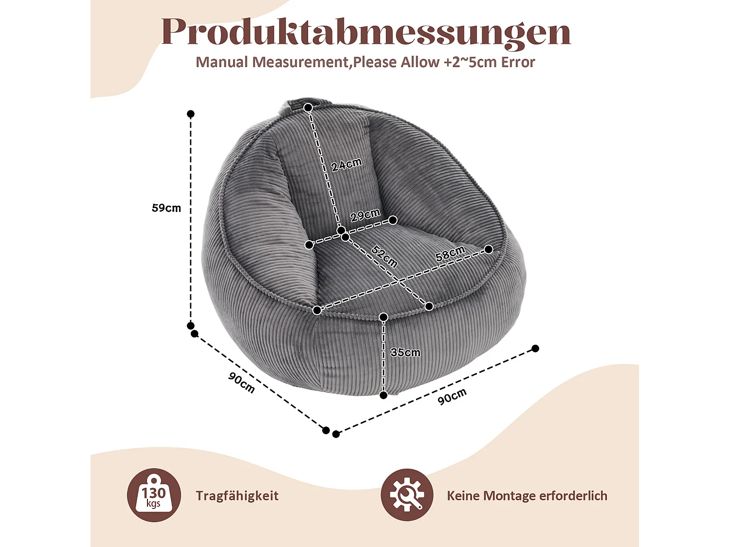 Grå sittpuff 90x90x59 cm i kordflor, ergonomisk med stöd för rygg och midja