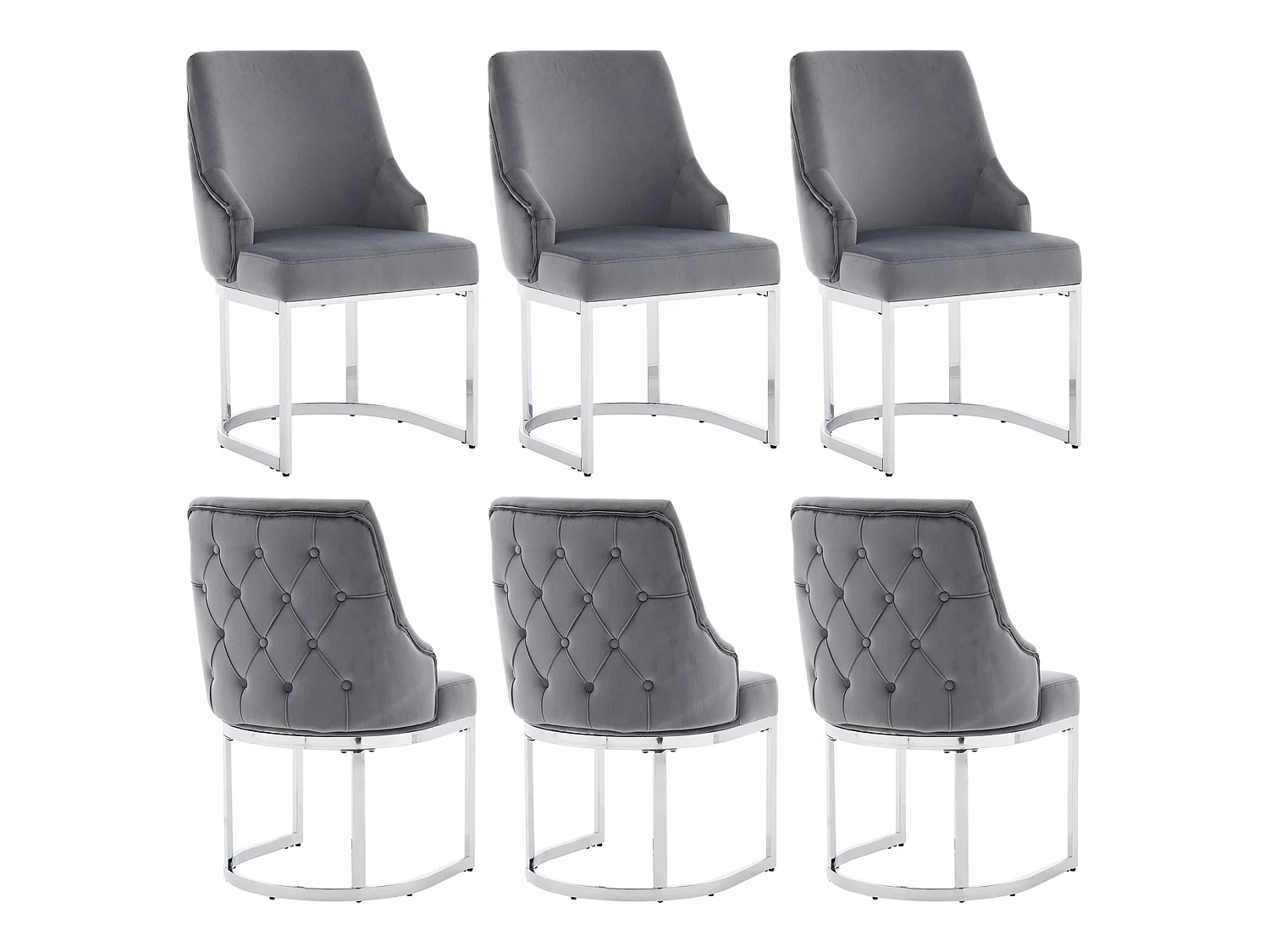 Set di 6 sedie da pranzo in velluto grigio con gambe metalliche argentate, confortevoli ed eleganti