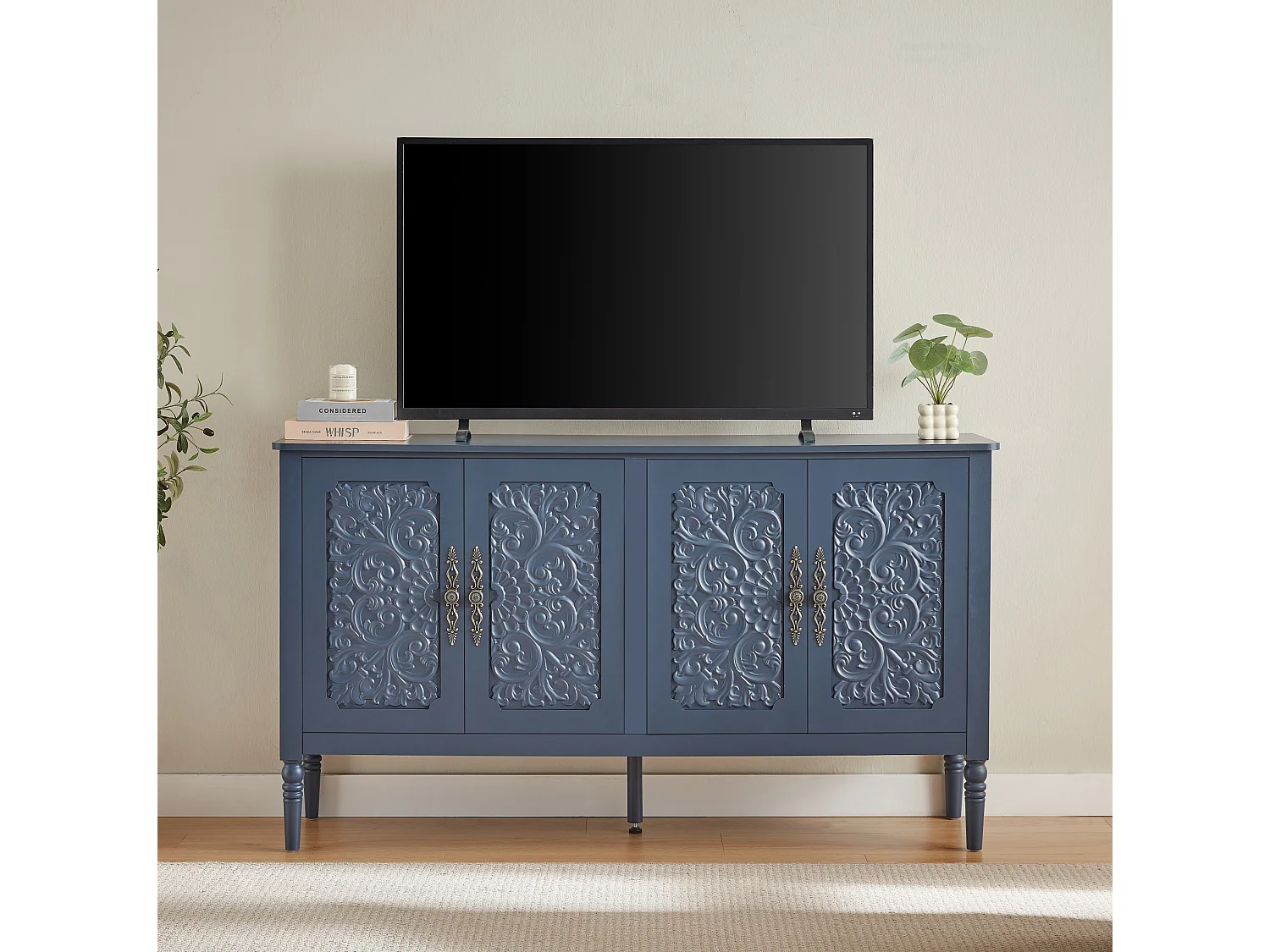 Retro‑stieliges marineblaues Sideboard 160x40x89 cm, geräumig, 4 Türen