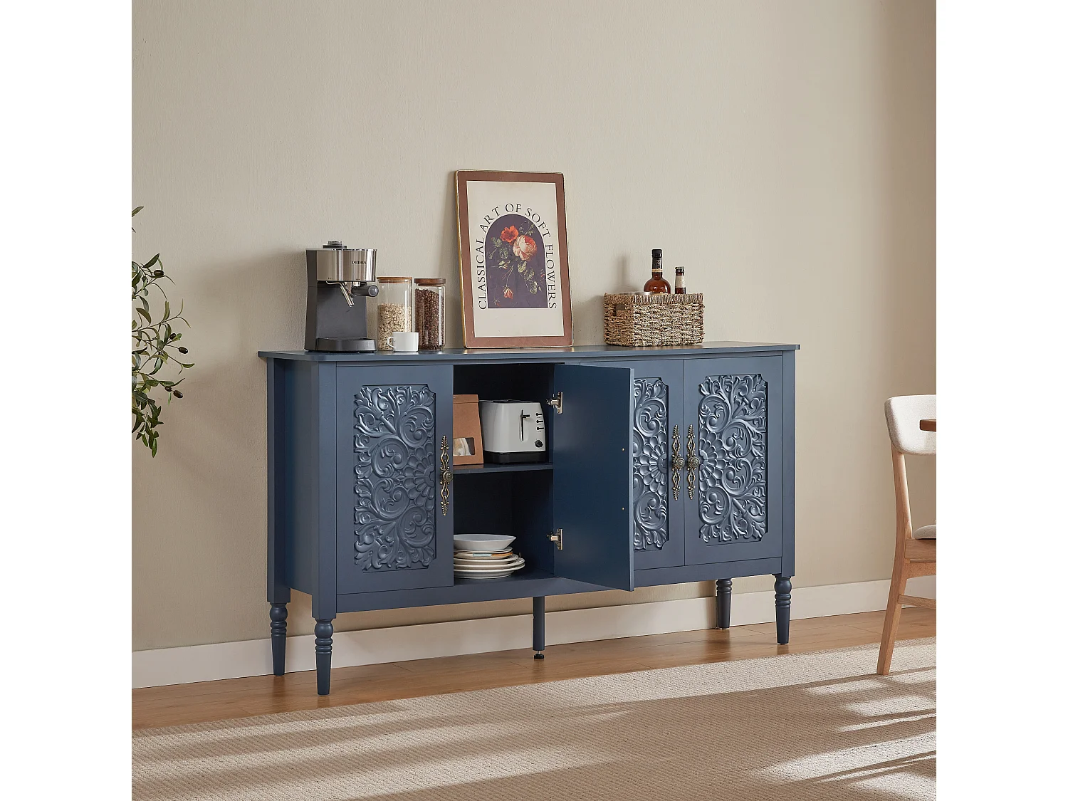 Retro‑stieliges marineblaues Sideboard 160x40x89 cm, geräumig, 4 Türen