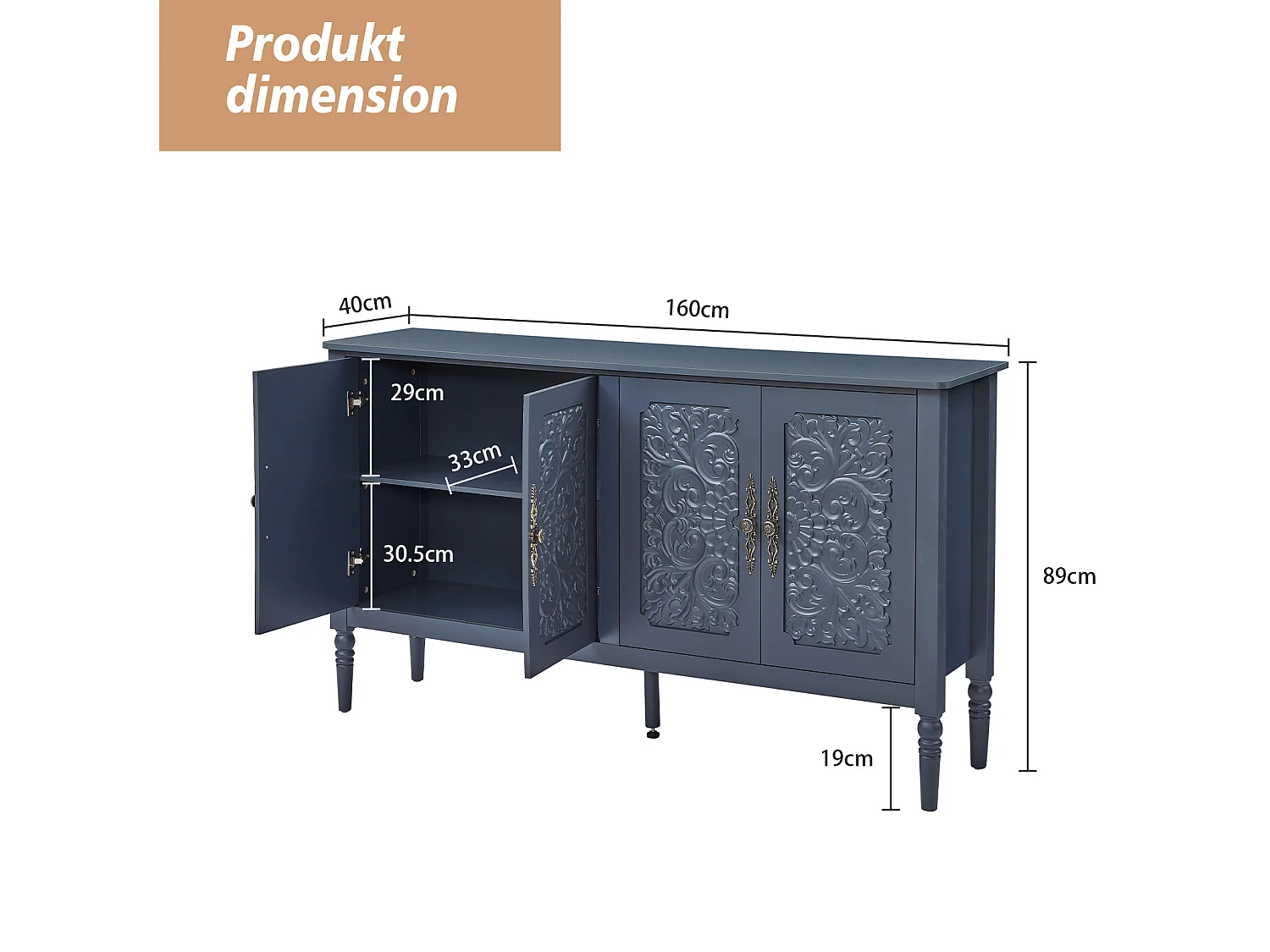 Retro‑stieliges marineblaues Sideboard 160x40x89 cm, geräumig, 4 Türen