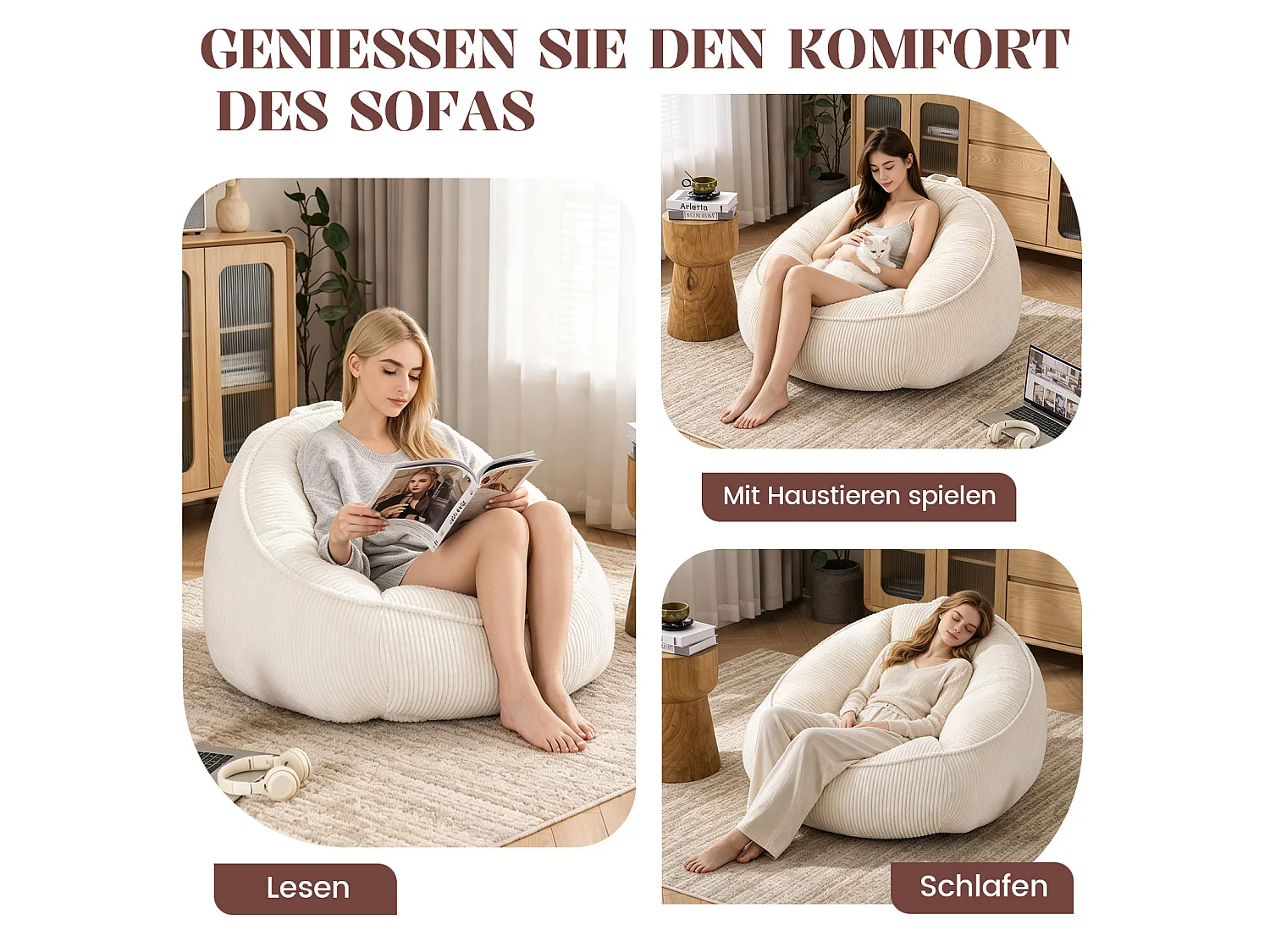 Beige sittpuff 90x90x59 cm i kordflor, ergonomisk med stöd för rygg och midja