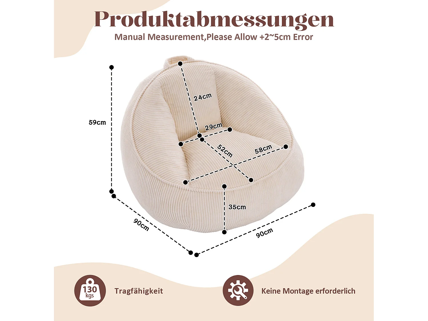 Beige sittpuff 90x90x59 cm i kordflor, ergonomisk med stöd för rygg och midja