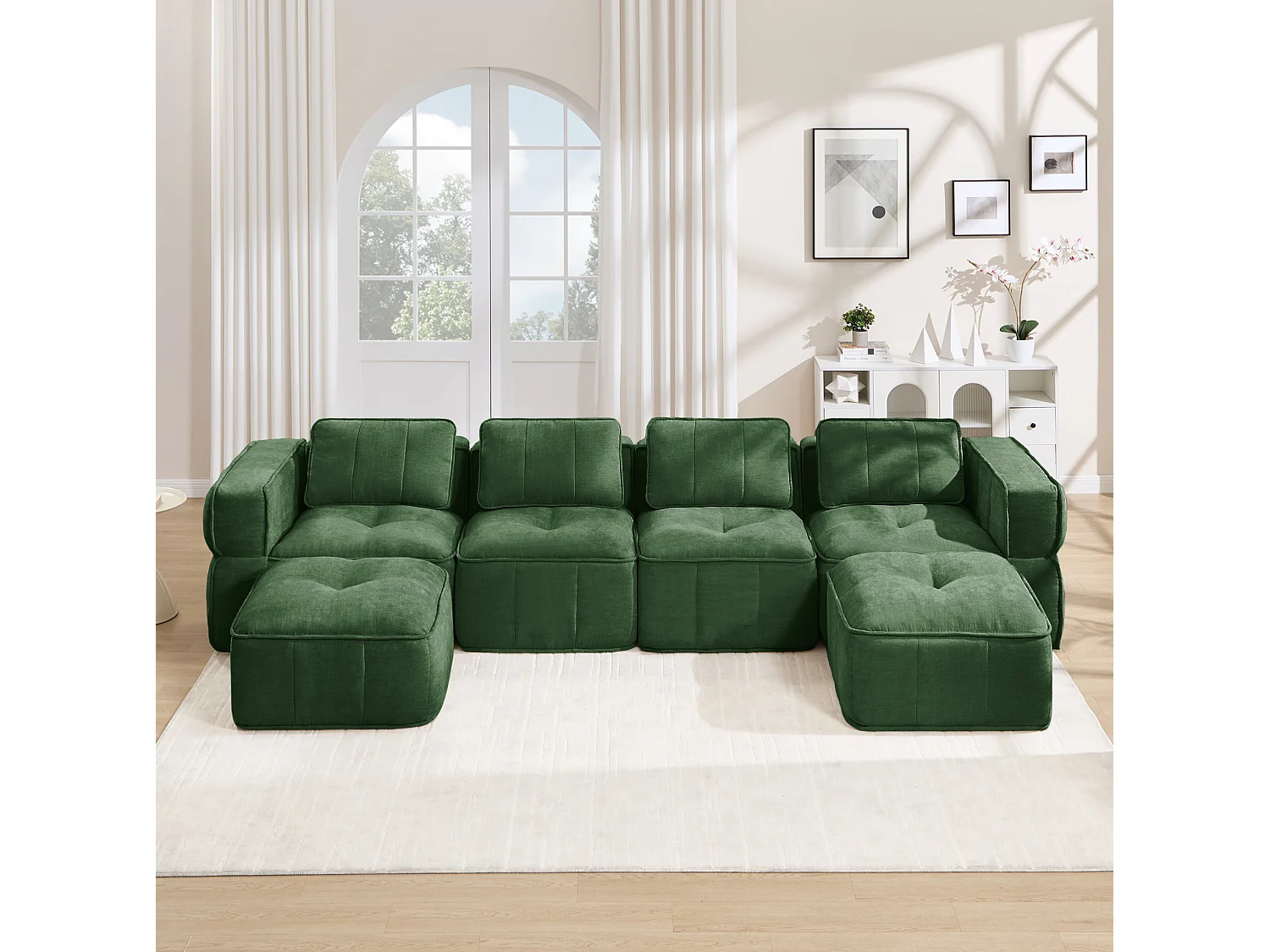 Sofá esquinero modular 4 plazas de poliéster verde con 2 reposapiés, asiento profundo