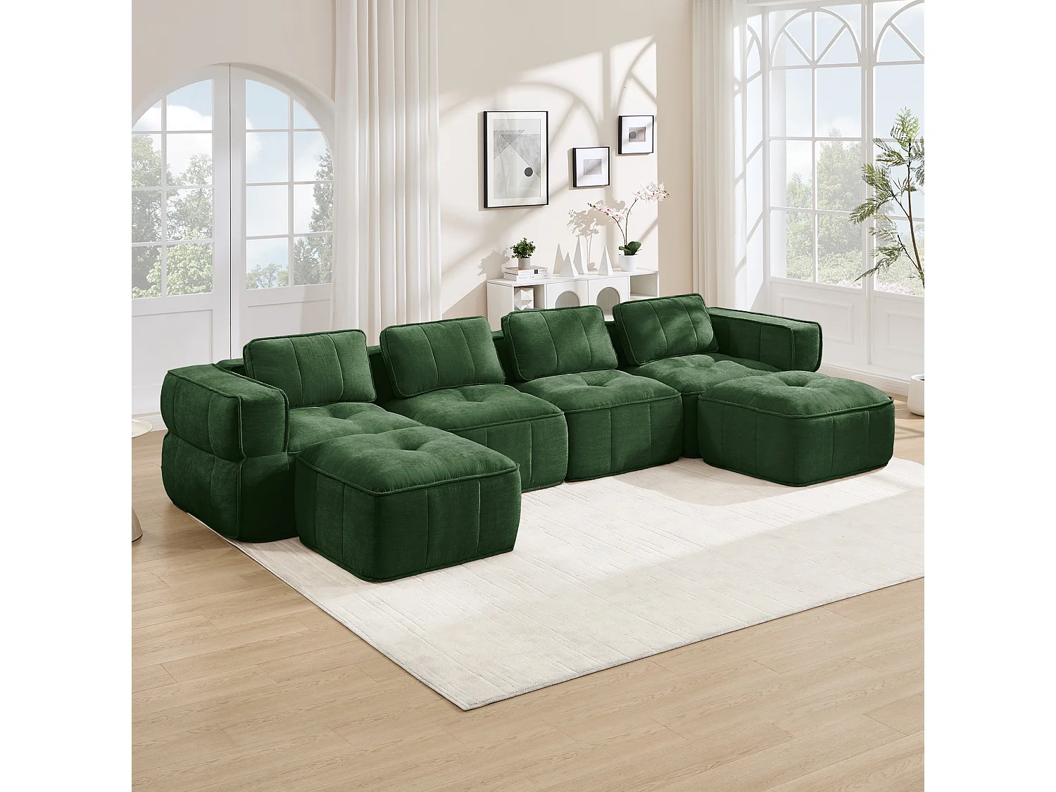 Sofá esquinero modular 4 plazas de poliéster verde con 2 reposapiés, asiento profundo