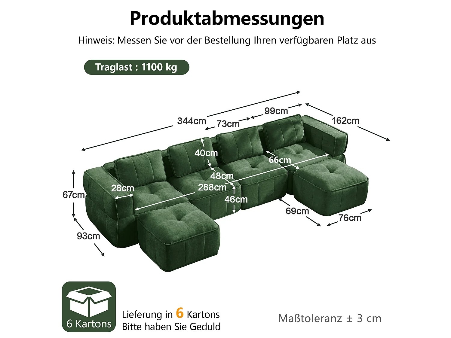 Sofá esquinero modular 4 plazas de poliéster verde con 2 reposapiés, asiento profundo