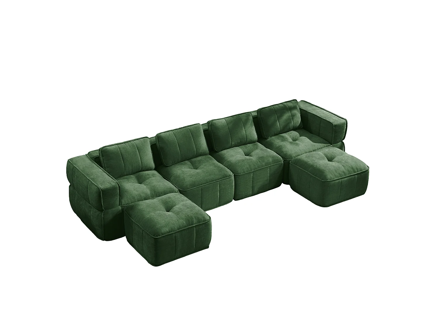 Sofá esquinero modular 4 plazas de poliéster verde con 2 reposapiés, asiento profundo