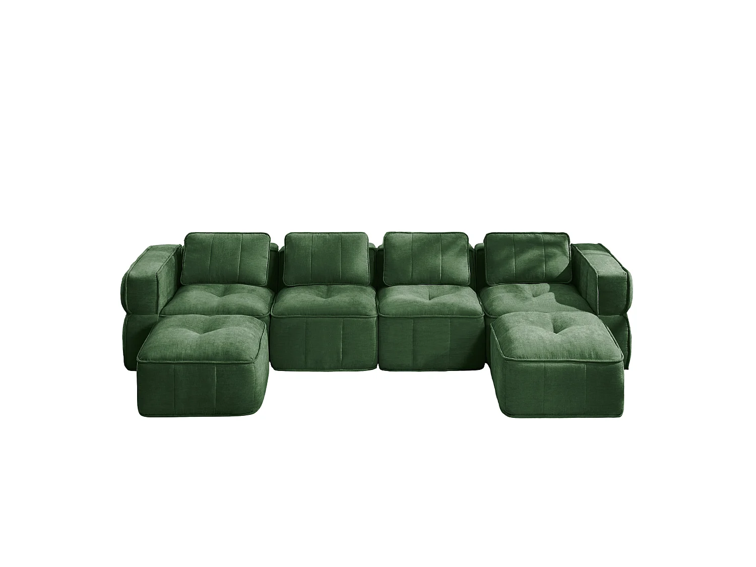 Sofá esquinero modular 4 plazas de poliéster verde con 2 reposapiés, asiento profundo
