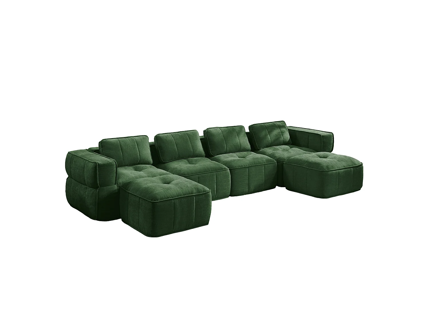 Sofá esquinero modular 4 plazas de poliéster verde con 2 reposapiés, asiento profundo
