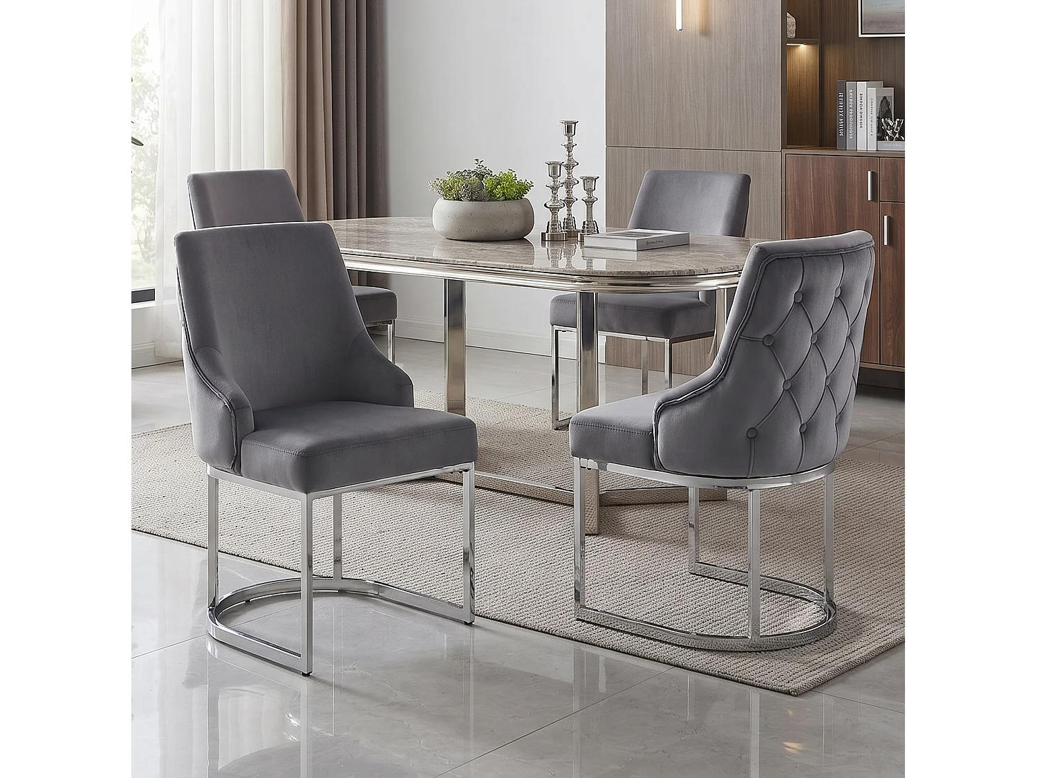 Juego de 2 sillas de comedor en terciopelo gris con patas metálicas plateadas, cómodas y elegantes