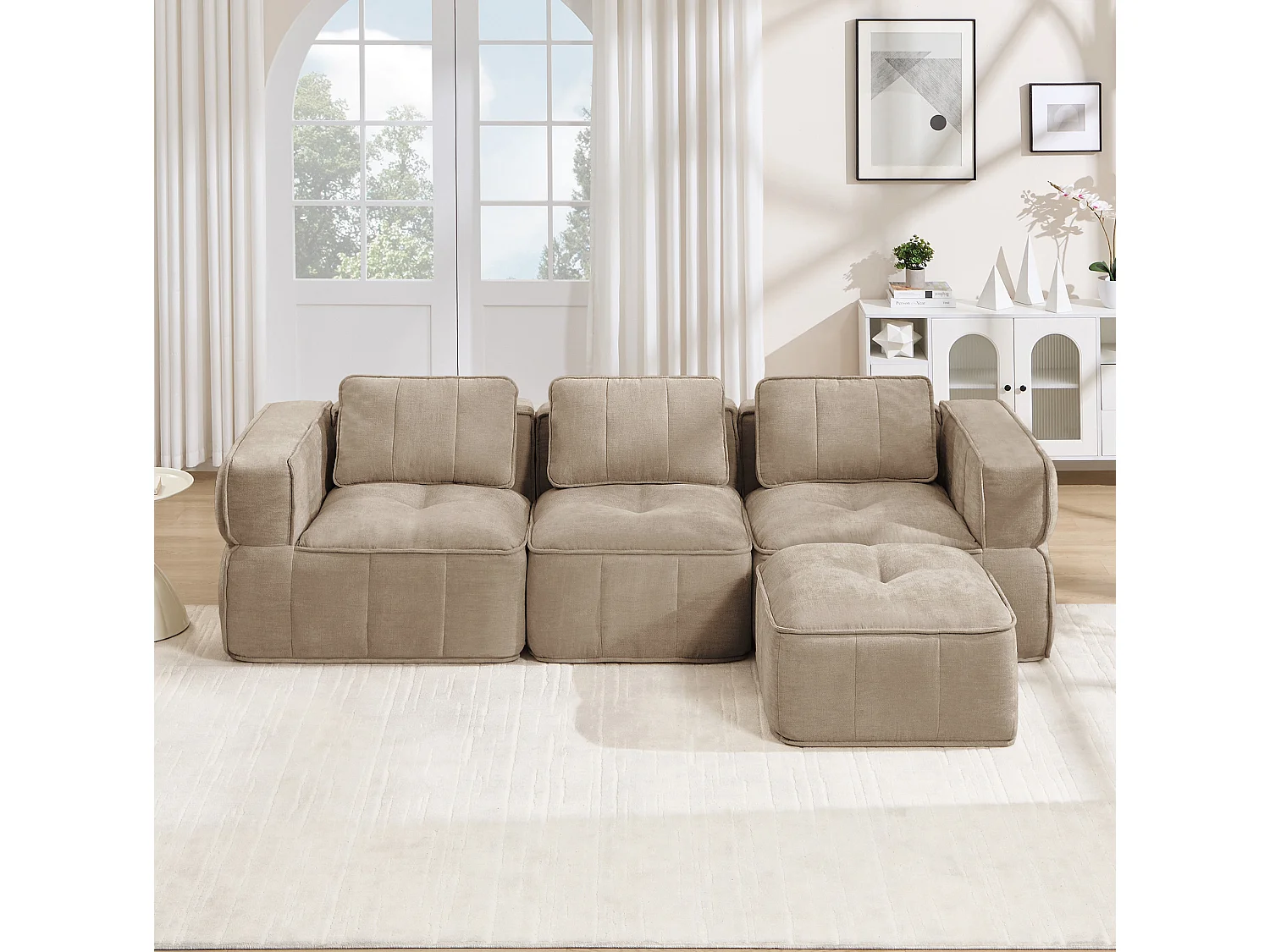 Canapé d'angle modulaire 3 places en polyester taupe avec repose‑pieds, assise profonde