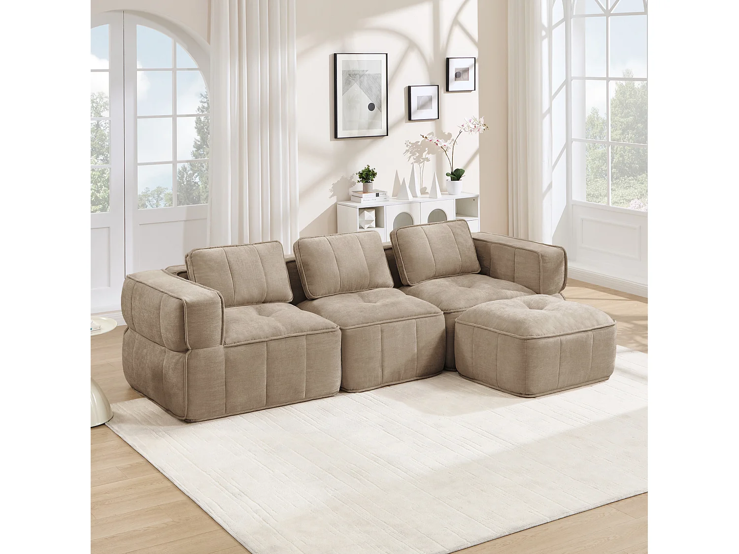 Canapé d'angle modulaire 3 places en polyester taupe avec repose‑pieds, assise profonde