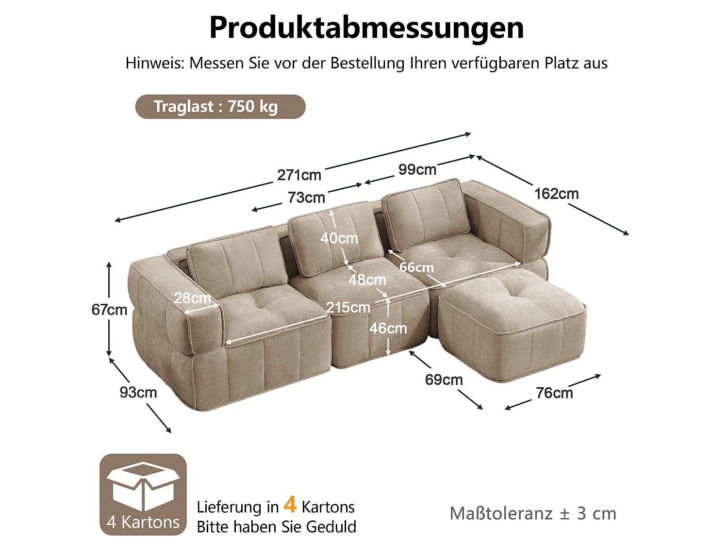 Canapé d'angle modulaire 3 places en polyester taupe avec repose‑pieds, assise profonde