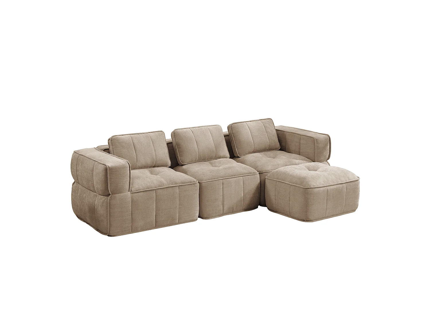 Canapé d'angle modulaire 3 places en polyester taupe avec repose‑pieds, assise profonde