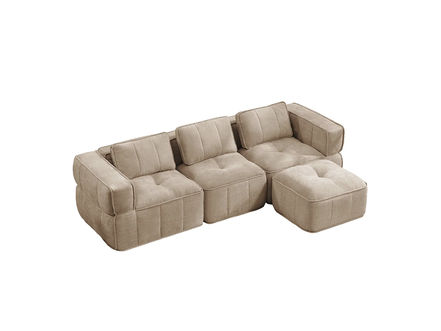 Canapé d'angle modulaire 3 places en polyester taupe avec repose‑pieds, assise profonde