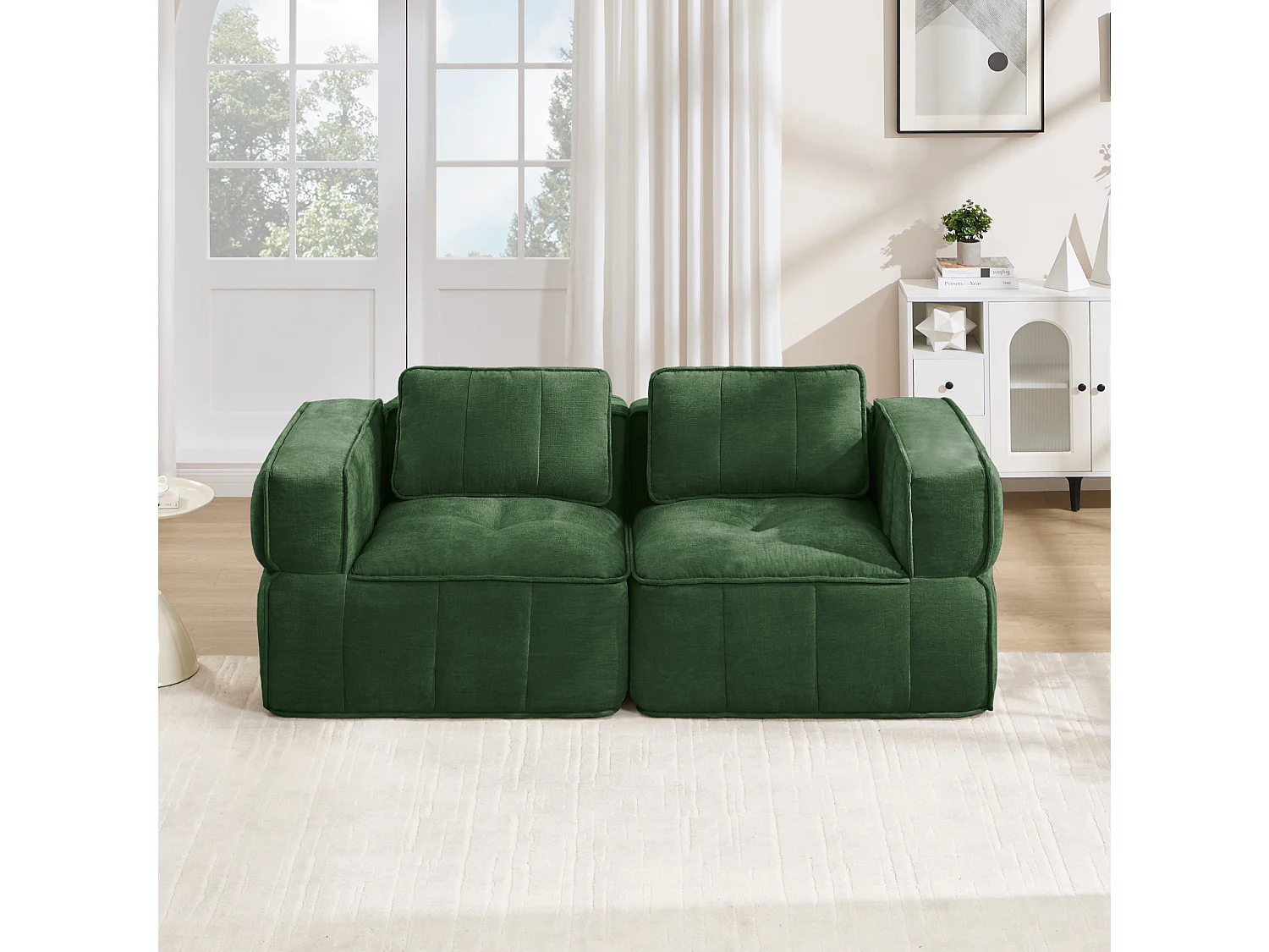 Canapé droit modulaire 2 places en polyester vert, assise profonde, sans montage