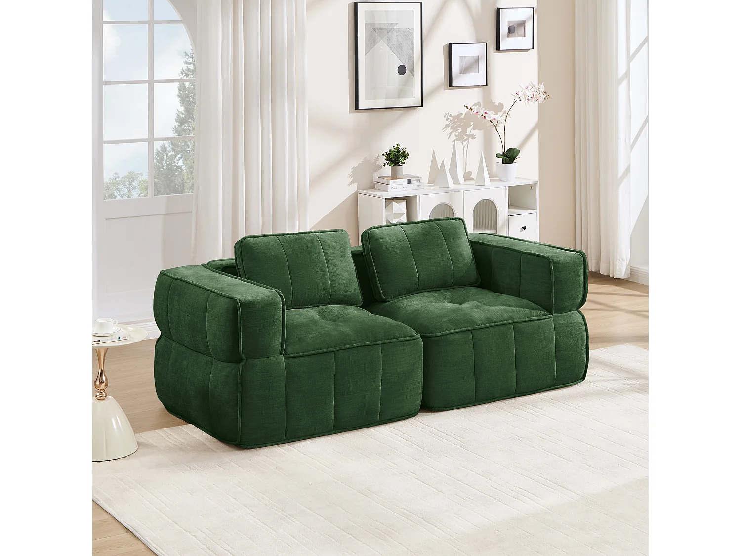 Canapé droit modulaire 2 places en polyester vert, assise profonde, sans montage