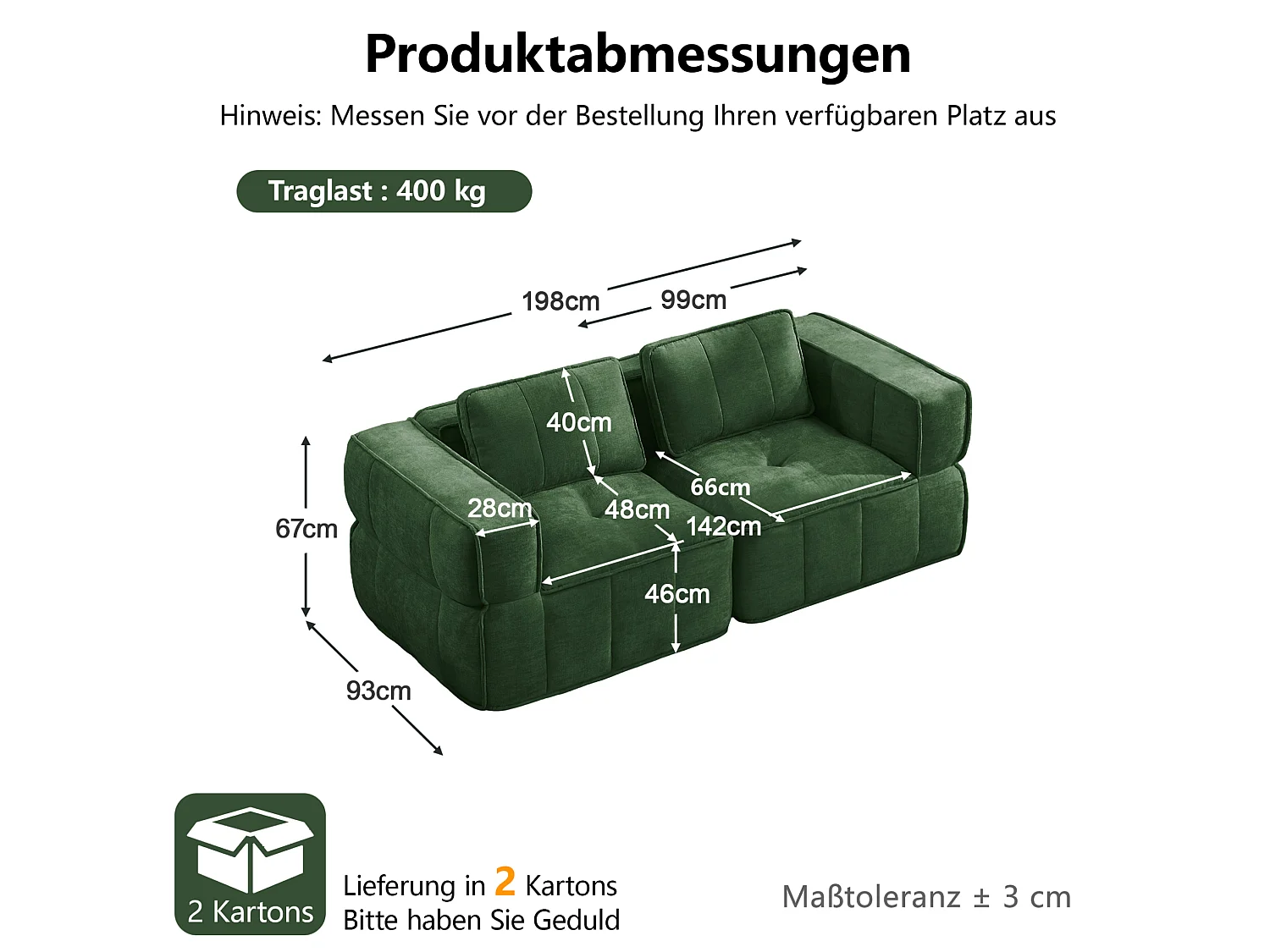 Canapé droit modulaire 2 places en polyester vert, assise profonde, sans montage