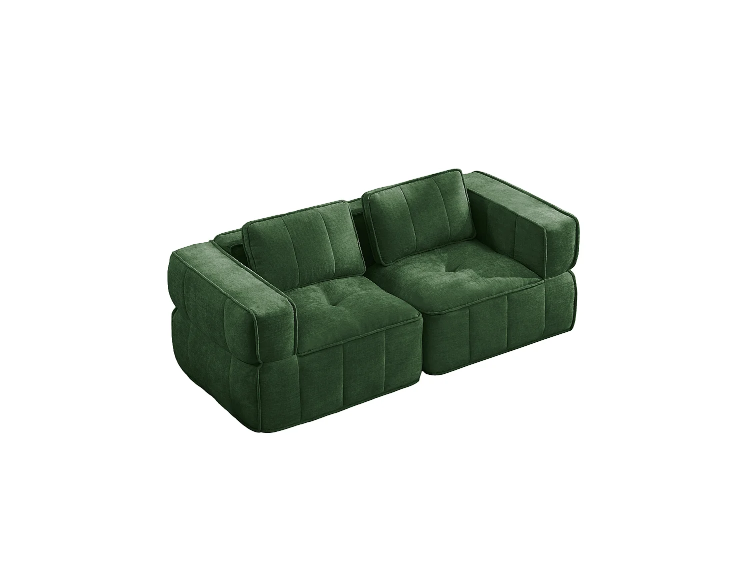 Canapé droit modulaire 2 places en polyester vert, assise profonde, sans montage